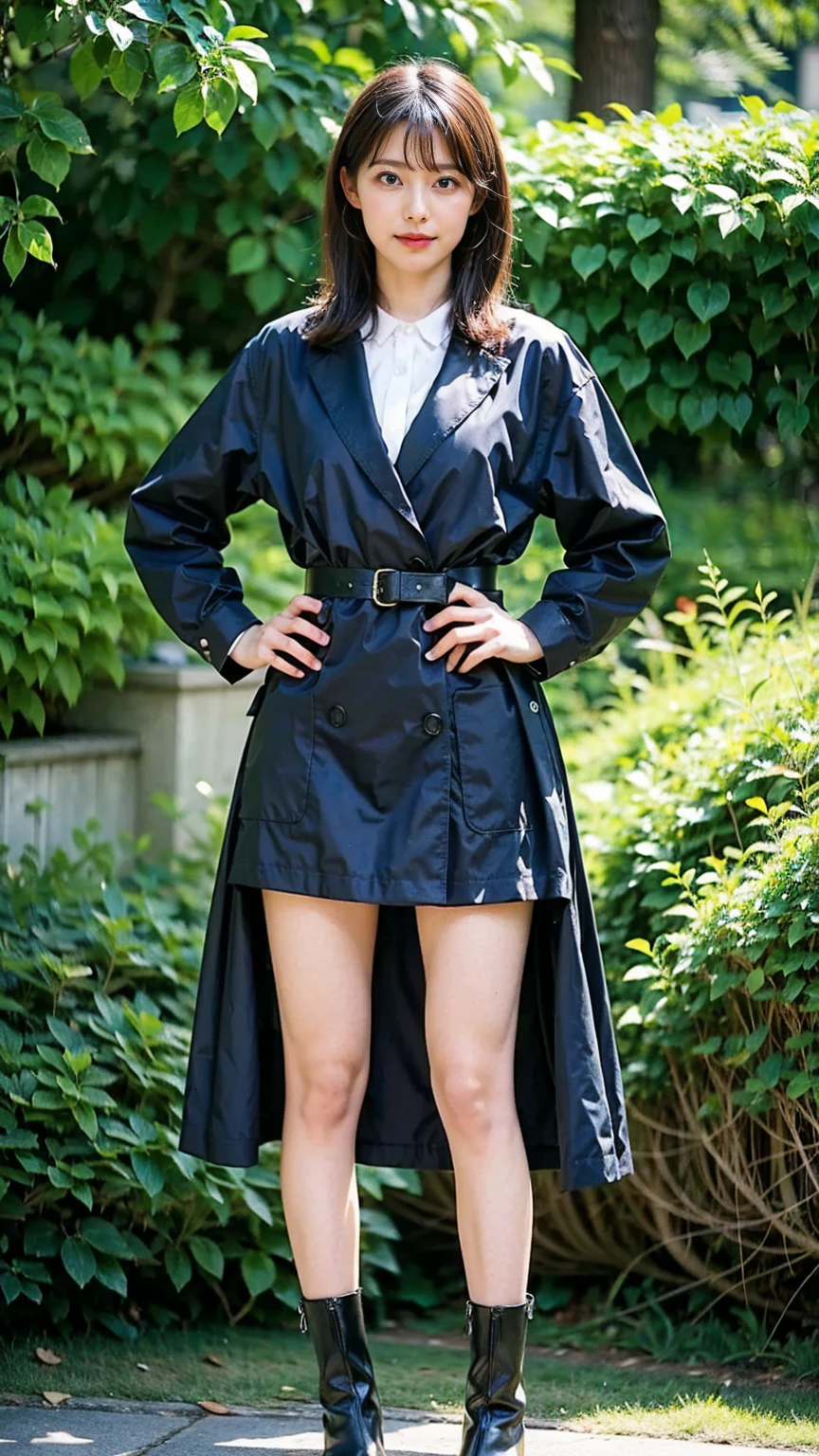 (Best quality,4K,8K,A high resolution,Masterpiece:1.2),Ultra-detailed,(Realistic,Photorealistic,photo-realistic:1.37),Long-range shooting,Blue-haired woman,Hair falls on the left shoulder,Wears a white trench coat lined in red, blackminiskirt,Patterned stockings,High heels,Walking on the street,Portrait,conceptual art,Blurred background,Soft lighting,Vivid tones