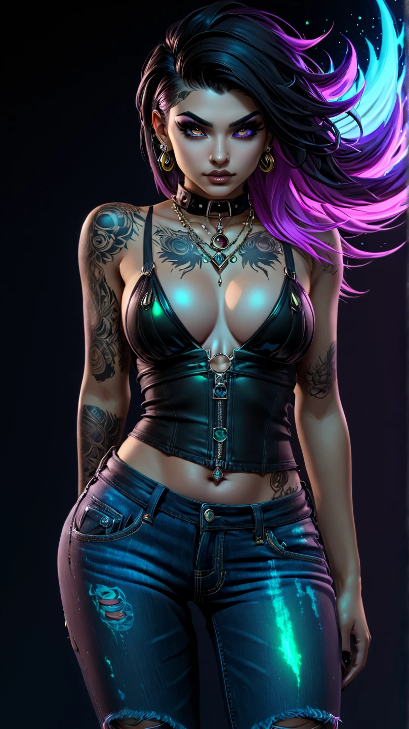 a woman with tattoos on her chest and chest, 8k high quality detailed art, realistic artstyle, photorealistic artstyle, realistic digital art 4k, realistic digital art 4 k, epic digital art illustration, extremely detailed artgerm, portrait of jinx from arcane, 4k detailed art, deviantart artstation cgscosiety, artstation hd