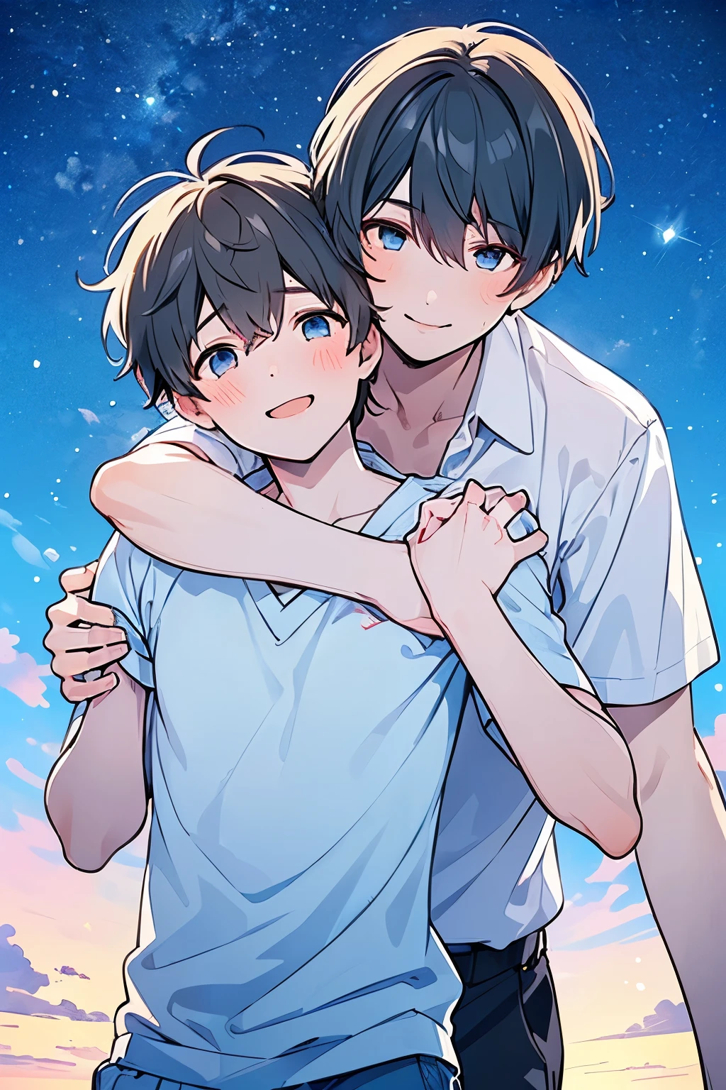 ((boy :1.5)),(( calm adult men:1.0)), black hair, tea hair, blue eyes, red eyes,((NSFW:0.65)),(2 men:1.0),(Yaoi:1.2),((hold each other's shoulders:1.25)),((A calm adult man who grabs his arm and pulls him in :1.0)),(looking viewer:1.0),Grinning face,((approx:1.0),(( flirtatious:0.8)),