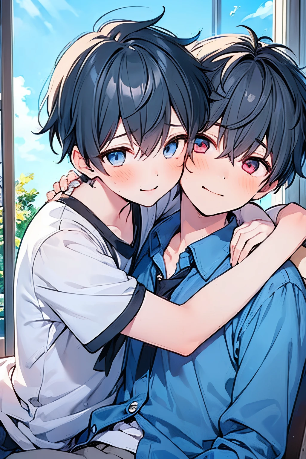 ((boy :1.5)),((Men:1.0)), black hair, tea hair, blue eyes, red eyes,((NSFW:0.65)),(2 men:1.0),(Yaoi:1.2),((hold each other's shoulders:1.25)),((A calm adult man who grabs his arm and pulls him in :1.0)),(looking viewer:1.0),Grinning face,((approx:1.0),(( flirtatious:0.8)),
