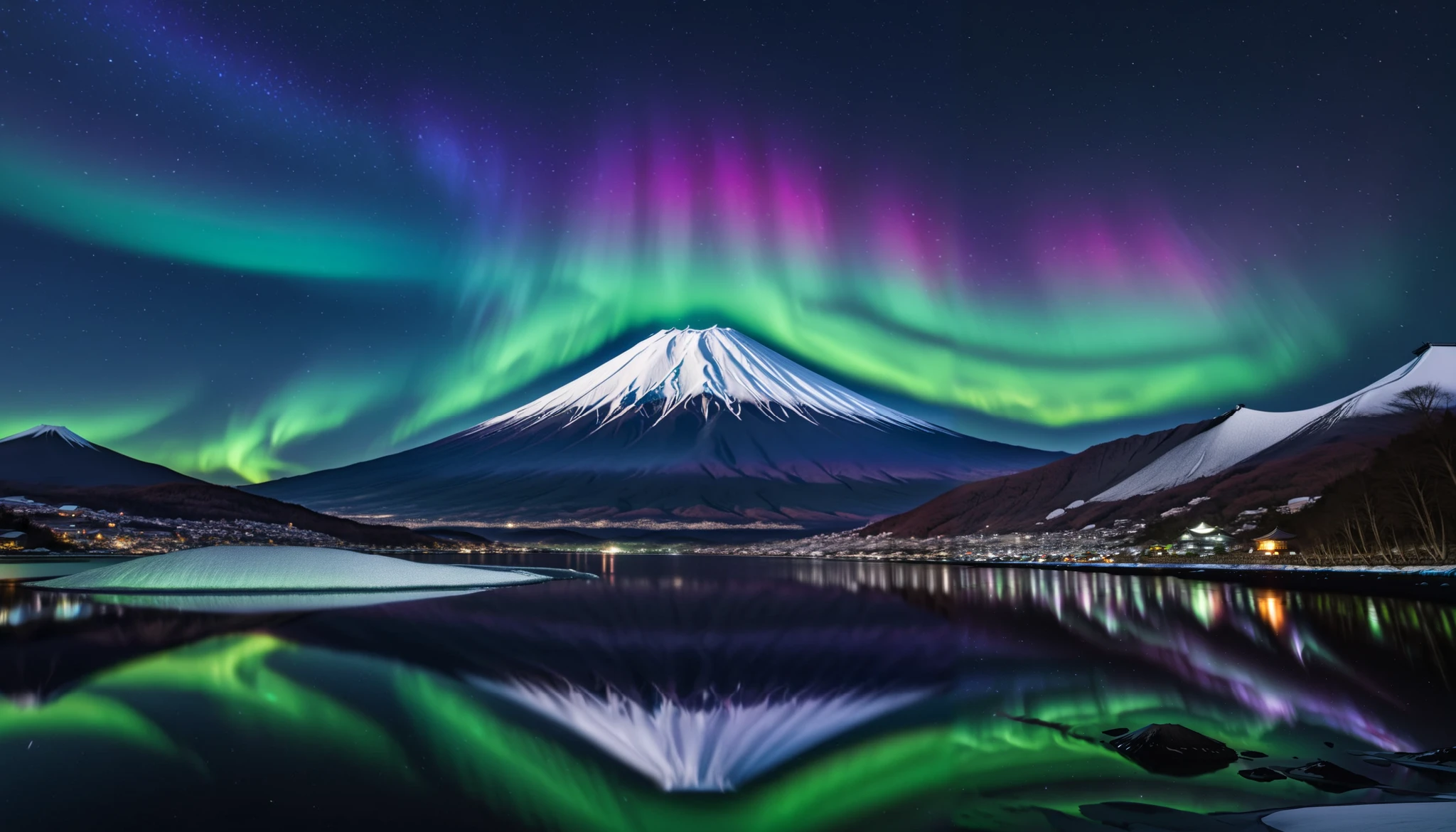 in ultra high quality, high definition , High Quality ,Spectacular views,(とてもThe giant Mt. Fuji up),A huge and realistic aurora dance that dazzles the night sky and covers the entire sky, sky full of stars,(The giant Mt. Fuji up),(Aurora shining brightly green),An unbelievable number of stars々The brilliance,(A majestic, bright Milky Way star on a vast glacier々and the auroras shine are reflected )、(( the huge Mt. Fuji that rises in the center )),((The huge and majestic Mt. Fuji))、The glacier extends to the horizon 、 Jagged ice layers and snow-covered mountain peaks 、 reflects the colorful light above 。 BREAK The stars twinkle in the dark and clear sky 、 The surrounding landscape is wrapped in the surreal glow of the Milky Way 、 creates a mysterious atmosphere 。 BREAK The cool and clear air adds color to the landscape 、 snow shines in the milky way and the gentle light of auroras、 This frozen wilderness is so calm that it seems unearthly。An unbelievable amount of stars々,I can see lots of meteor showers ,