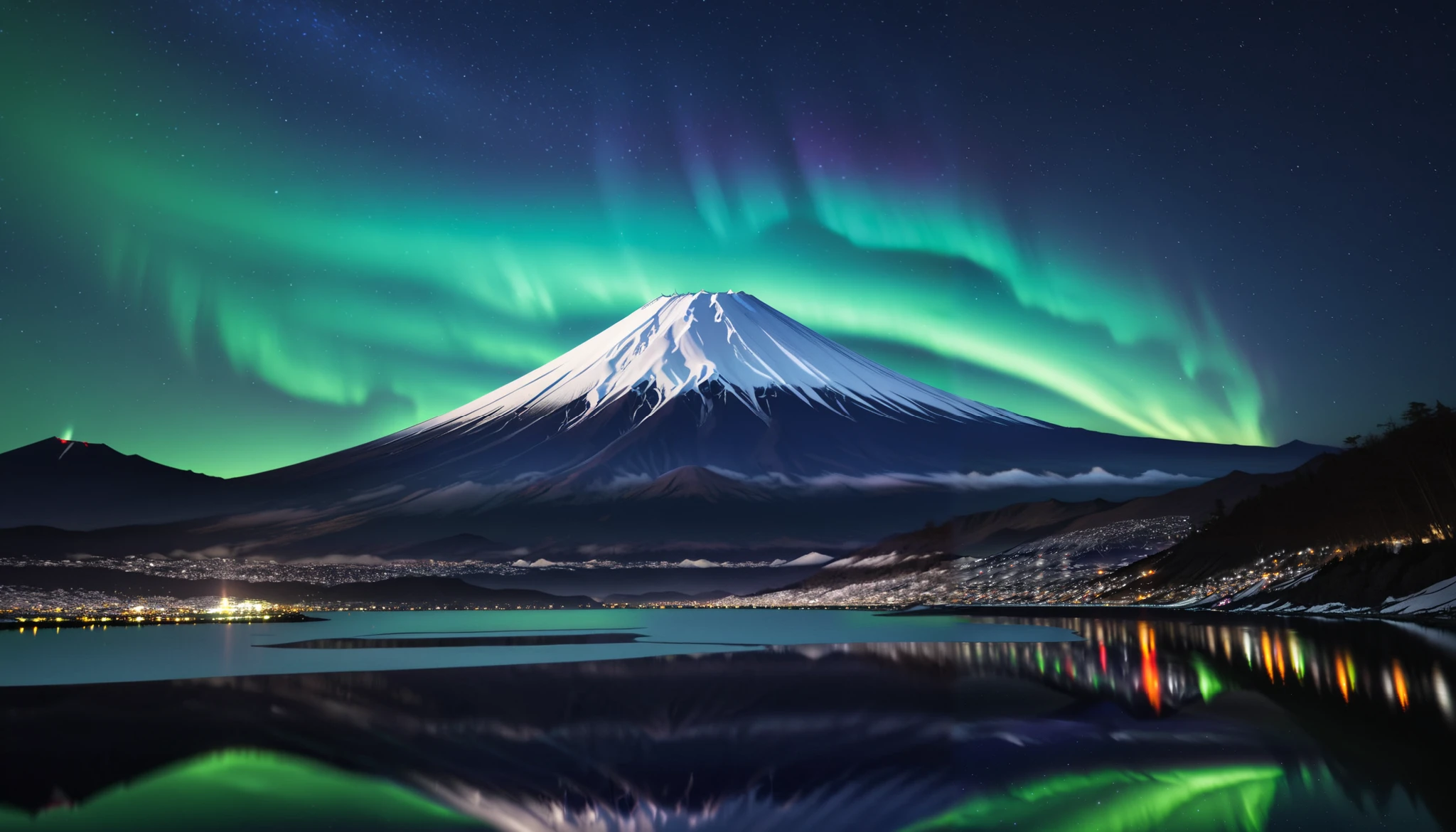  in ultra high quality, high definition , High Quality ,Spectacular views,(とてもThe giant Mt. Fuji up),A huge and realistic aurora dance that dazzles the night sky and covers the entire sky, sky full of stars,(The giant Mt. Fuji up),(Aurora shining brightly green),An unbelievable number of stars々The brilliance,(A majestic, bright Milky Way star on a vast glacier々and the auroras shine are reflected )、(( the huge Mt. Fuji that rises in the center )),((The huge and majestic Mt. Fuji))、The glacier extends to the horizon 、 Jagged ice layers and snow-covered mountain peaks 、 reflects the colorful light above 。 BREAK The stars twinkle in the dark and clear sky 、 The surrounding landscape is wrapped in the surreal glow of the Milky Way 、 creates a mysterious atmosphere 。 BREAK The cool and clear air adds color to the landscape 、 snow shines in the milky way and the gentle light of auroras、 This frozen wilderness is so calm that it seems unearthly。An unbelievable amount of stars々,I can see lots of meteor showers ,