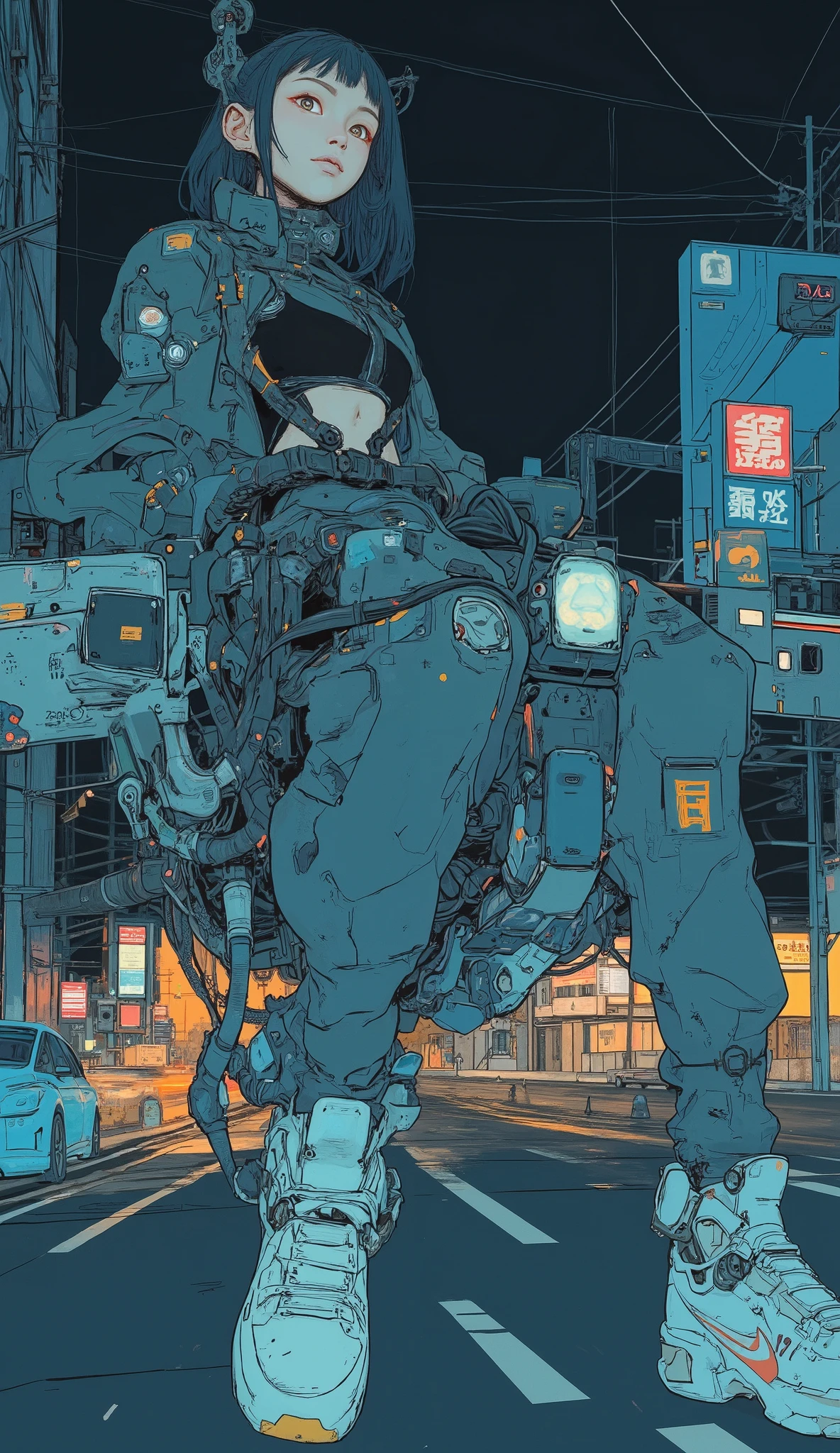 Surrealism , artwork, 8K quality, girl riding a jet bike, upper body、Osaka Expressway at night, uniform, Nike sneakers、 anatomically accurate、