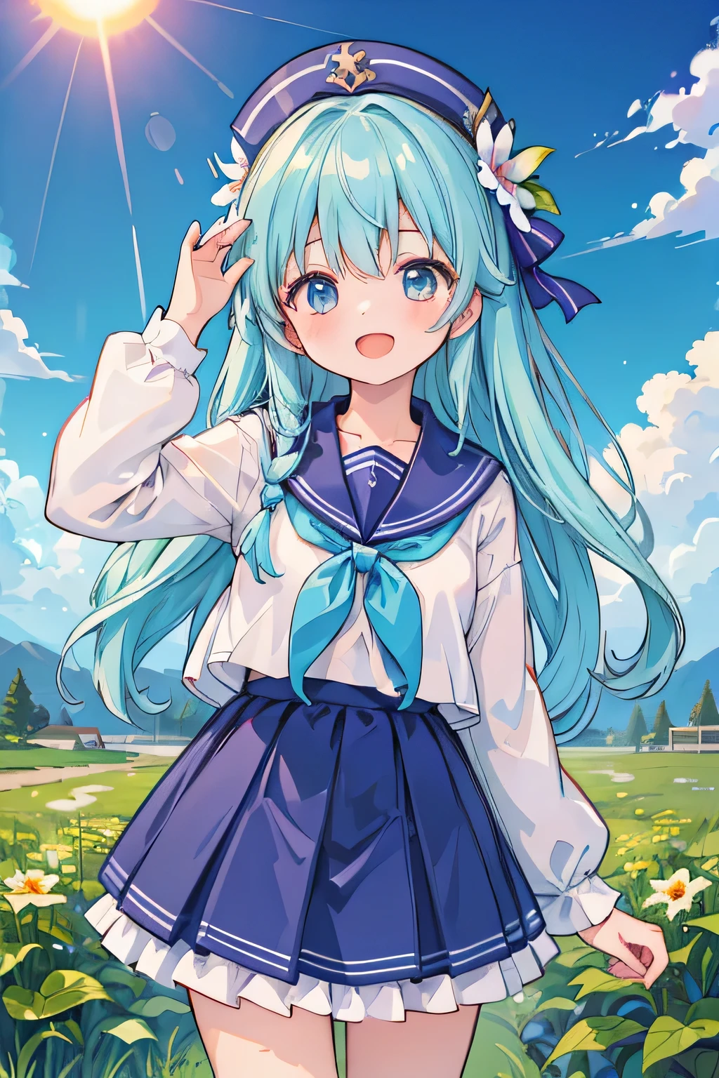 (( best quality )), ((Masterpiece)), ( Details), 1 girl in the bush, high school students、blue sky、Look up at the sky above、Hold your hand to the sun、girl seen from the sky、 youth、graduation
