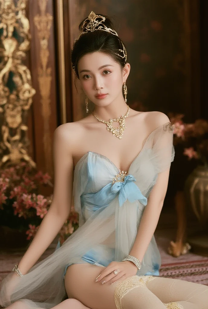 ((Highest quality, 8k, masterpiece: 1.3)), sharp: 1.2, Perfect Body Beauty: 1.6, ((Layered Hairstyles, Small breasts: 1.0)), ((Hands on the seat of a chair, Lifting your hips and leaning forward, Do not sit in a chair)), Angle looking up at a woman from below, (((Rough ponytail))), ((Nipple swelling)), ((Light blue silk dress, Sheer asymmetrical lace dress, Off-the-shoulder dress)), ((necklace)), Earrings, ring, Bracelet, Hair Accessories, ((Beautiful young woman in her 20s)), ((Straight nose)), (Eyeliner), Armpit Hair, Bristles, ((Beautiful Skin)), Wavy Hair, Beautiful attention to detail, Super detailed, Highly detailed face and skin texture, fine grain, double eyelid, Black Hair, Big Ass, Lower Body, Thighs, (((Skinny))), Wet and shiny lips, smile, Blushing, Get a grip on your body, ((Anatomically correct human body)), ((Crisp body shape)), Ribs, clavicle, Protruding skeleton, A face without nasolabial folds, Shyness, Thin eyebrows