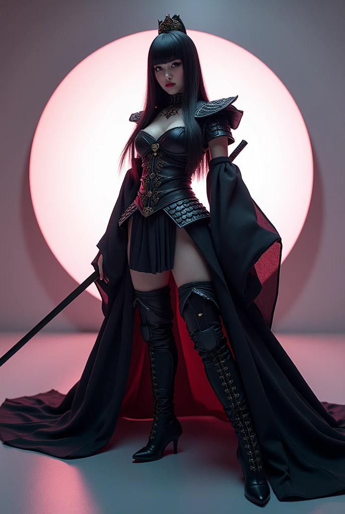 Analog style, ((intricate details)), full torso shot, cold lighting, beautiful, (pale gothic evil princess), (black hair), (intricate), ((skeletal skimpy onyx dress armor)), (intricate jagged obsidian crown), dynamic pose, windblown hair, perfect face, (realistic eyes), round iris, (((red eyes))), perfect eyes, intricate, complex, Helios 44-2, swirly bokeh, trending on artstation, sharp focus, best quality}, {{masterpiece}}, {highres}, Perfect waist cut, Large breasts, Warrior girl with a small short sword on hand, Skimpy organza transparent clothes, organza elements on clothes, net clothes, leather glossy elements on clothes, dark blue hair with red highlights, (perfect nose), Seductive gaze, dark blue knee high boots on high heels with red highlights, (Best Illustration), 8k Resolution, Intricate Details, Best Quality, Realistic, Ultra Detailed, Best Lighting, Best Shadows, Ultra HD, A Necromancer style, Night, Magic, Dark Style, Vampire, (shining red eyes:1.6), masterpiece, high_res, Beautiful face, tyndall effect, photo realistic, (high detailed skin:1.2), 8k uhd, dslr, high quality, Photograph, high resolution, 4k, 8k, Bokeh, absurdres, ponytail contorted, best ratio four finger and one thumb, front view, dark blue hair gorgeous, perfect proportional skinny fitness body, full body view, wet skin, wet clothes, dark cathedral baground scenery, huge bobs, belly muscle, long fit perfect legs, fishnet dark red Stockings, realistic reflection in the water
