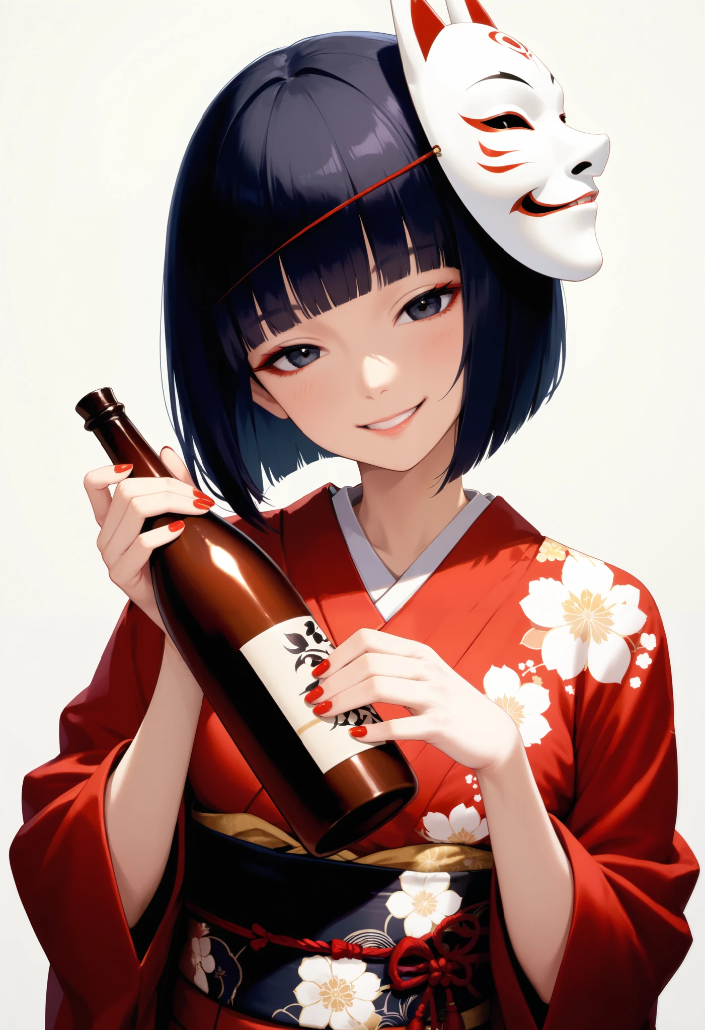 score_9, score_8_up, score_7_up, (1girl, solo), upper body, (black short hair, bob cut, blunt bangs), Japanese demon Noh mask on the head, black eyes, (grin, evil smile), (Japanese clothes, kimono, floral print, sash, long sleeves, obi), head tilt, holding Japanese SAKE bottle, (nail polish, red nails), (simple background, grey background)