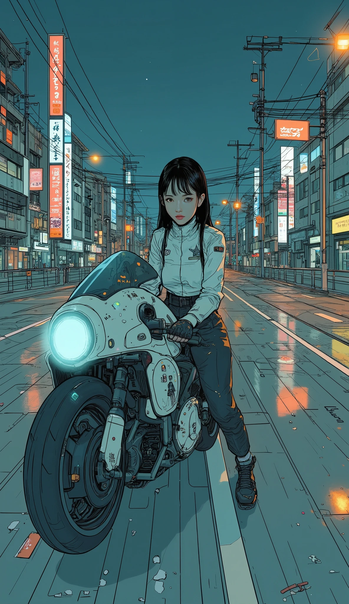  Surrealism  ,  artwork, 8K quality, girl riding a jet bike,  upper body up 、Osaka Expressway at night, uniform, Nike sneakers、 anatomically accurate、