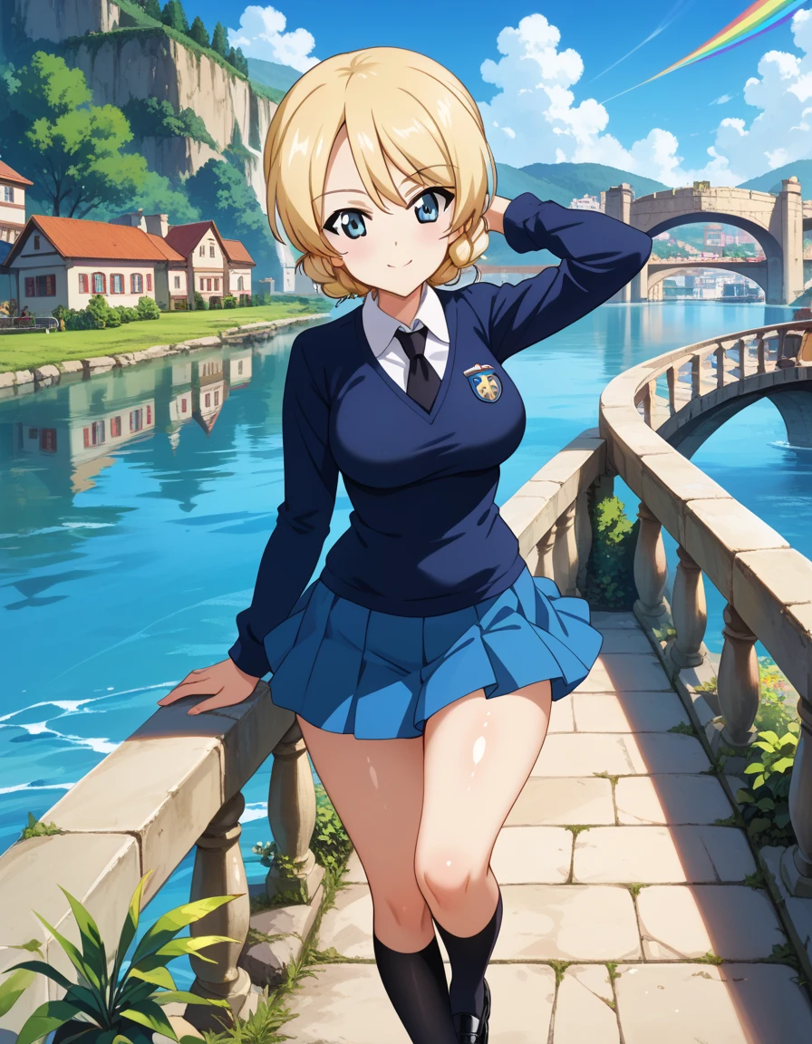 Naughty woman 、16 years old、Blonde ponytail、plump breasts、slender、Wearing a uniform, Navy Blue Skirt, Long skirt, Short sleeve shirt、White shirt,anime, Twinkle smile, pale blue eyes、river、Water Play
