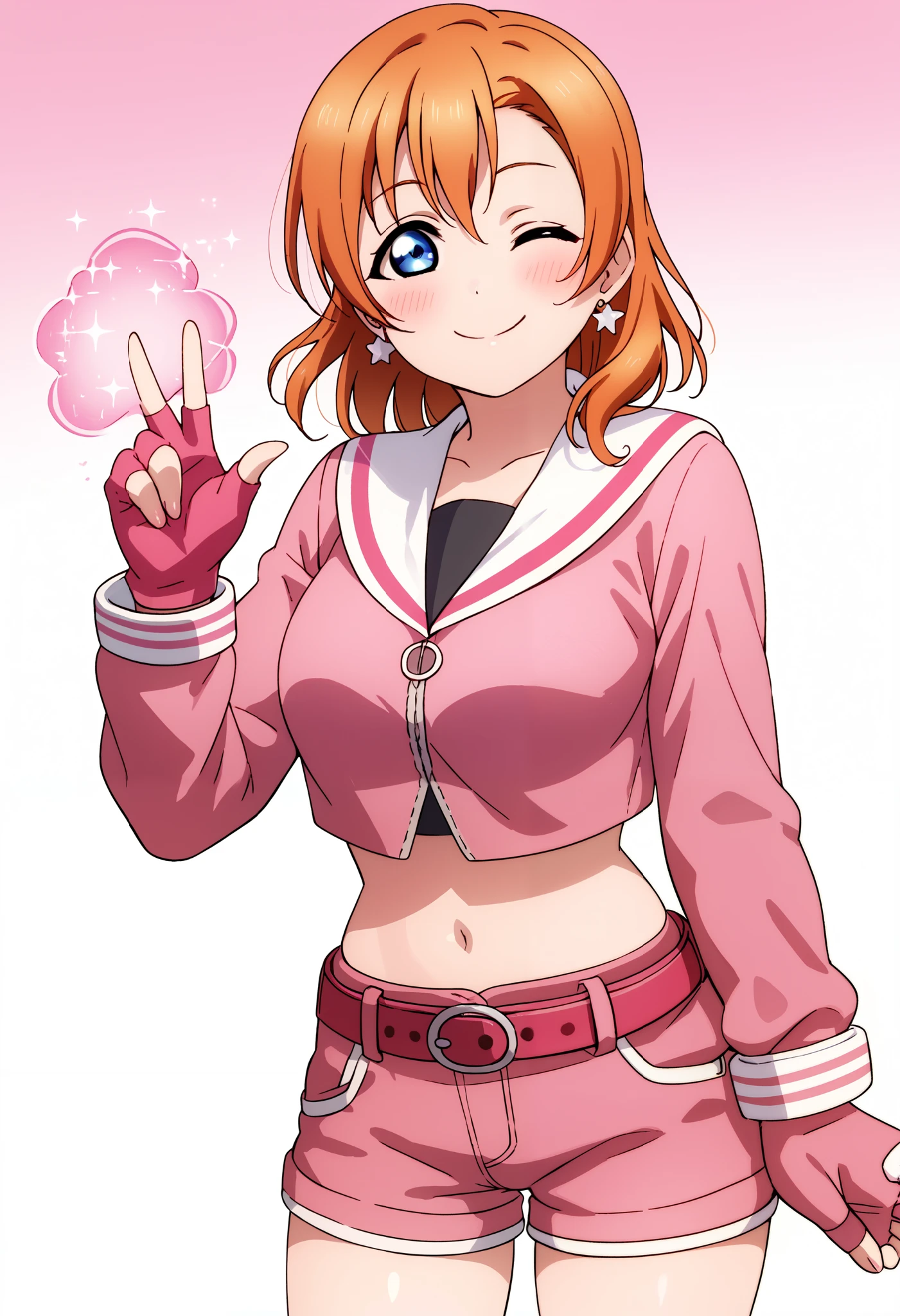 anime style, love live,kousaka honoka , love live, blue eyes, orange hair,earrings, (blushing:1.2) , standing, pink serafuku, long sleeves, black inner shirt, midriff, shorts, fingerless gloves,pink clothes, slightly smile, gradient decorative background, detailed shading,solo,1girl, belt, medium hair,wink,big breasts, magic balls