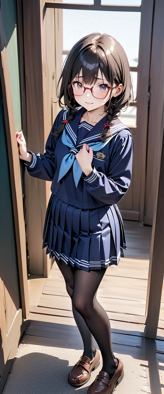 (masterpiece,highest quality,High resolution,Realistic:1.2),(one woman:1.5), (The high school girl is wearing a long-sleeved sailor uniform and a short navy blue pleated skirt, revealing a small amount of her white panties.:1.2),(Smiling with some teeth showing:1.3),(bob cut, black hair:1.3),(beautiful hands:1.3),(woman&#39;s hand:1.3),(Reduce exposed skin,The belly is not exposed:1.2),(cowboy shot:1.5),(16 year old Japanese female:1.2),(clothing that fits:1.2),(school hallway:1.3), (camel toe:1.3), (big butt, thick thighs:1.2), (A is seen from below:1.4)