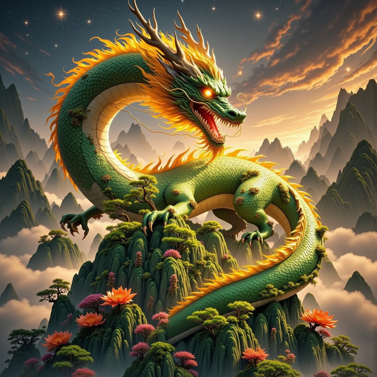 Chinese style golden dragon,Dragon and Dragon Chain,golden chain,A group of flying dragons,background chinese style,Mountains and rivers,dragon huge,background flag waving,The flag writes the letters NT