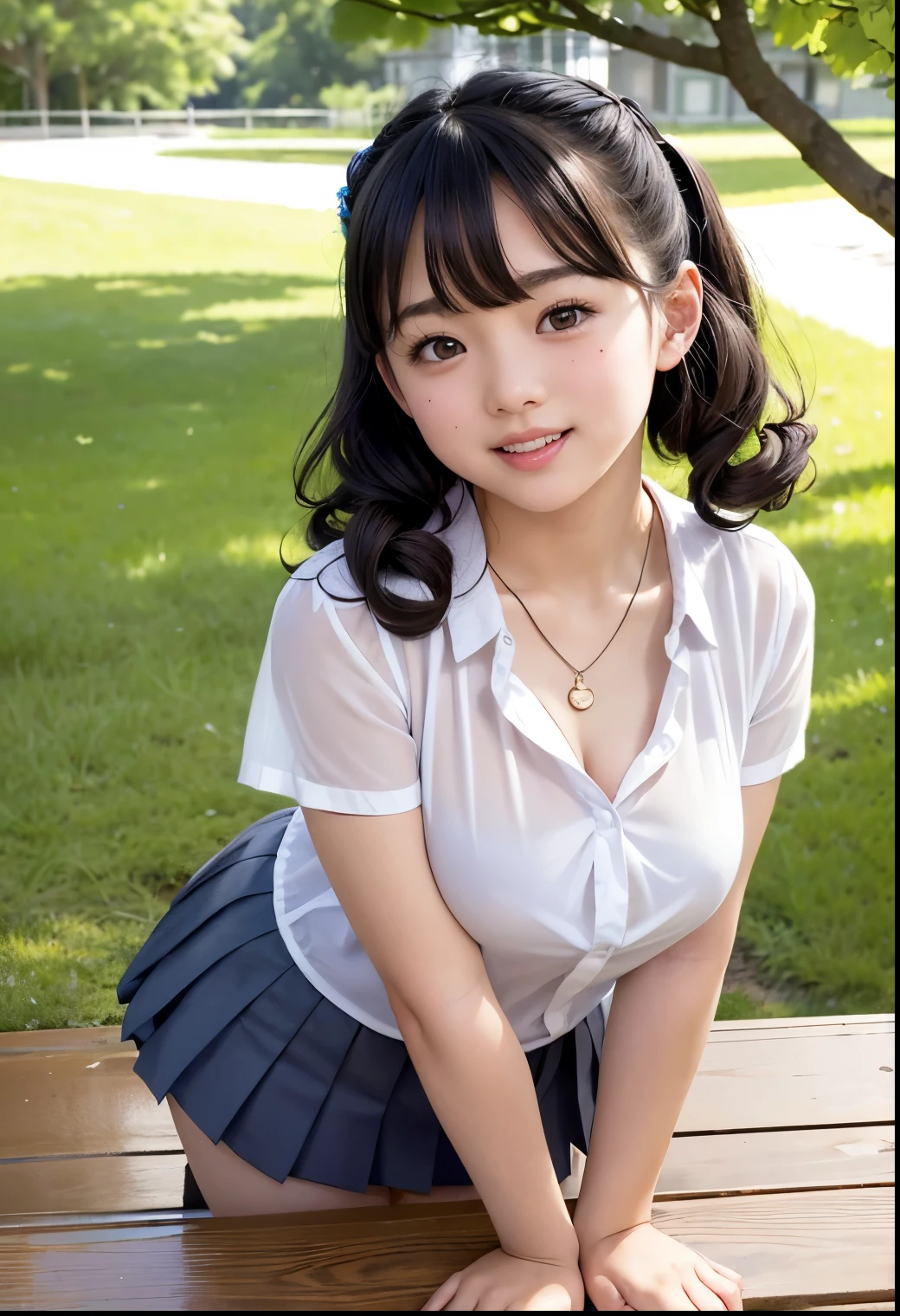 ( best quality ,Masterpiece:1.3, super high definition),( very detailed、 caustics) ( is present:1.4, RAW shooting、)Ultra- is present Capture、 very detailed、 to enhance the natural skin texture of 、Masterpiece、( Japanese wearing blouse and pleated skirt:1.3)、 adorable expression、Expressions of joy、、: 、baby face、 innocent gingly cute、 rstyle、 curly hair 、ribbon、 black hair、 big breasts、Shining thighs、Shining Ass、 necklace、In the shade of a tree by the lake、Background details、smile、 invite a gaze、( anatomically accurate)、 box、 Attention to Details、Lift your breasts from below with both hands 、