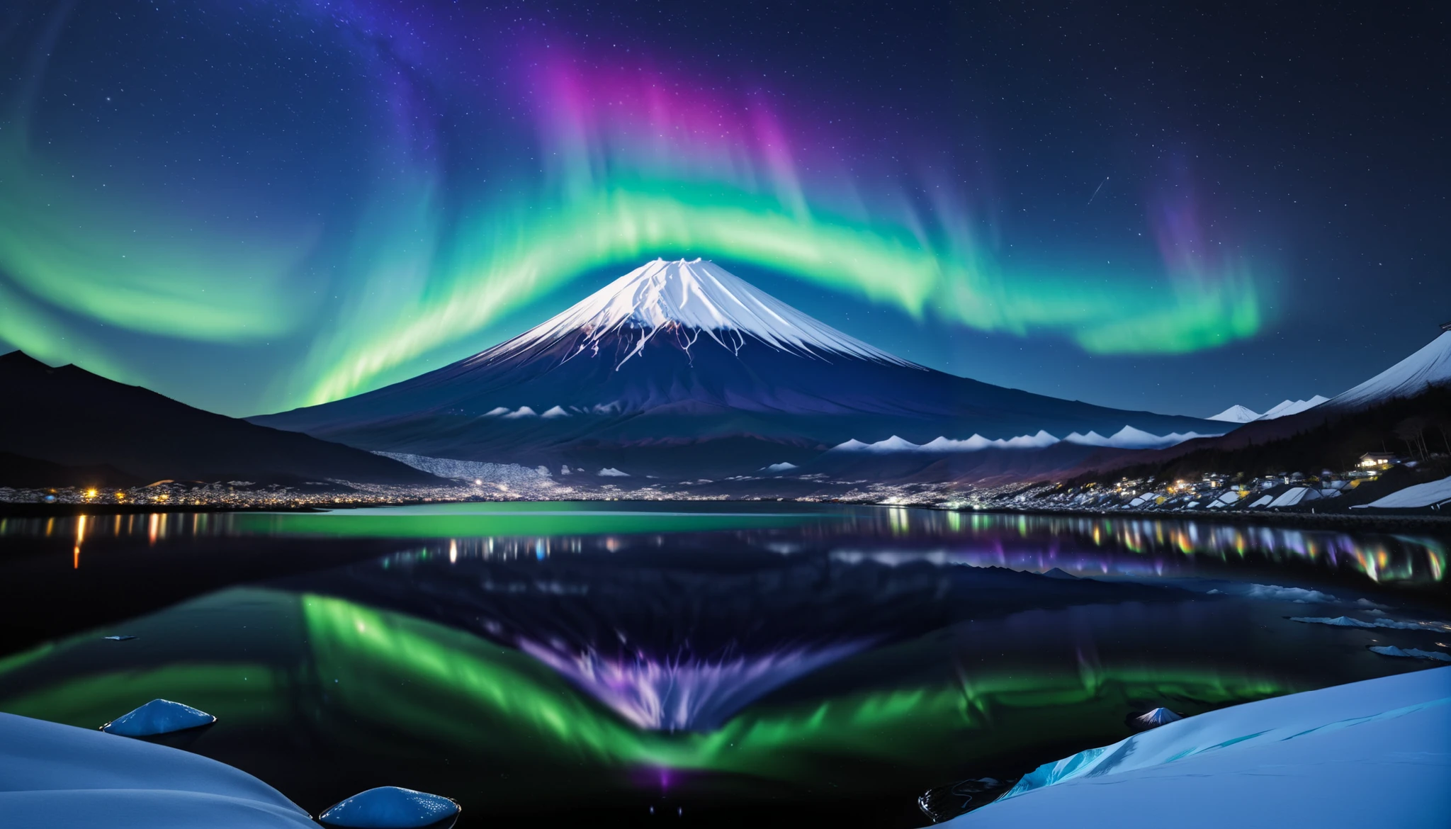 in ultra high quality, high definition , High Quality ,Spectacular views,(とてもThe giant Mt. Fuji up),A huge and realistic aurora dance that dazzles the night sky and covers the entire sky, sky full of stars,(The giant Mt. Fuji up),(Aurora shining brightly green),An unbelievable number of stars々The brilliance,(A majestic, bright Milky Way star on a vast glacier々and the auroras shine are reflected )、(( the huge Mt. Fuji that rises in the center )),((The huge and majestic Mt. Fuji))、The glacier extends to the horizon 、 Jagged ice layers and snow-covered mountain peaks 、 reflects the colorful light above 。 BREAK The stars twinkle in the dark and clear sky 、 The surrounding landscape is wrapped in the surreal glow of the Milky Way 、 creates a mysterious atmosphere 。 BREAK The cool and clear air adds color to the landscape 、 snow shines in the milky way and the gentle light of auroras、 This frozen wilderness is so calm that it seems unearthly。An unbelievable amount of stars々,I can see lots of meteor showers ,