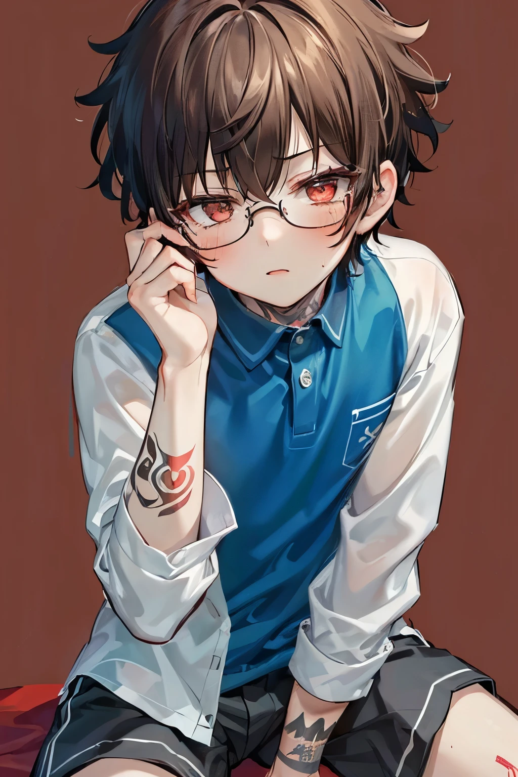 ((1-boy :1.5)),((Adult men with sex appeal:1.0)),Condescending gaze,((looking down:0.5)),red-cheek,Short Hair, brown hair,Red color eyes,♥️,long sleeve shorts uniform,((tattoo on thigh:1.0)),(glasses:0.8),cute background,(close up Face:1.0)
