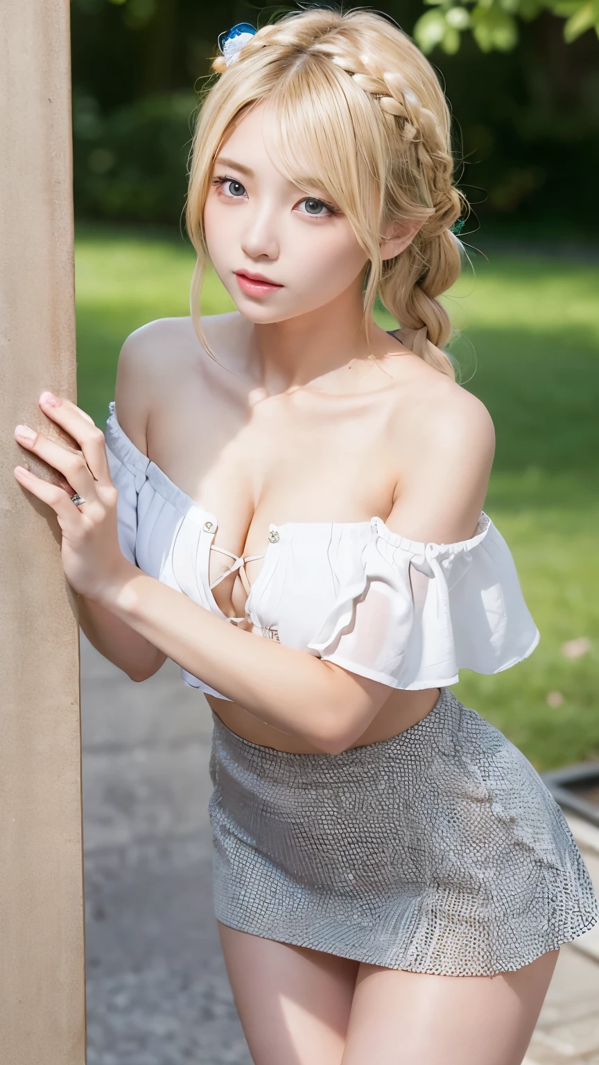 1girl in, masutepiece, ighly detailed, (Beautiful detailed glow), Lens Flare, White hair, Short hair, Floating hair, Looking back, Smile, Blue eyes, White Dress, medium breasts,  full bodyesbian,  Clouds, Backlighting, Purple Sky, Yellow Sky, Gradient sky,