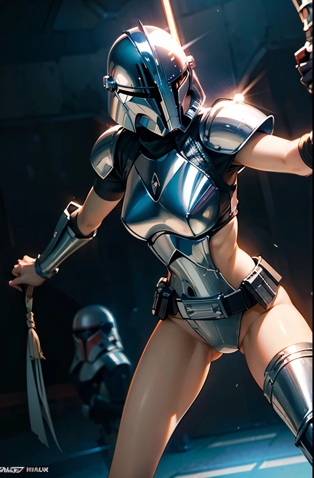 cartoon, Star Wars helmet, cosmo, implant, sexy slim woman, highlighting head, erotic thong, pornomodel glossy, vibrant colors,