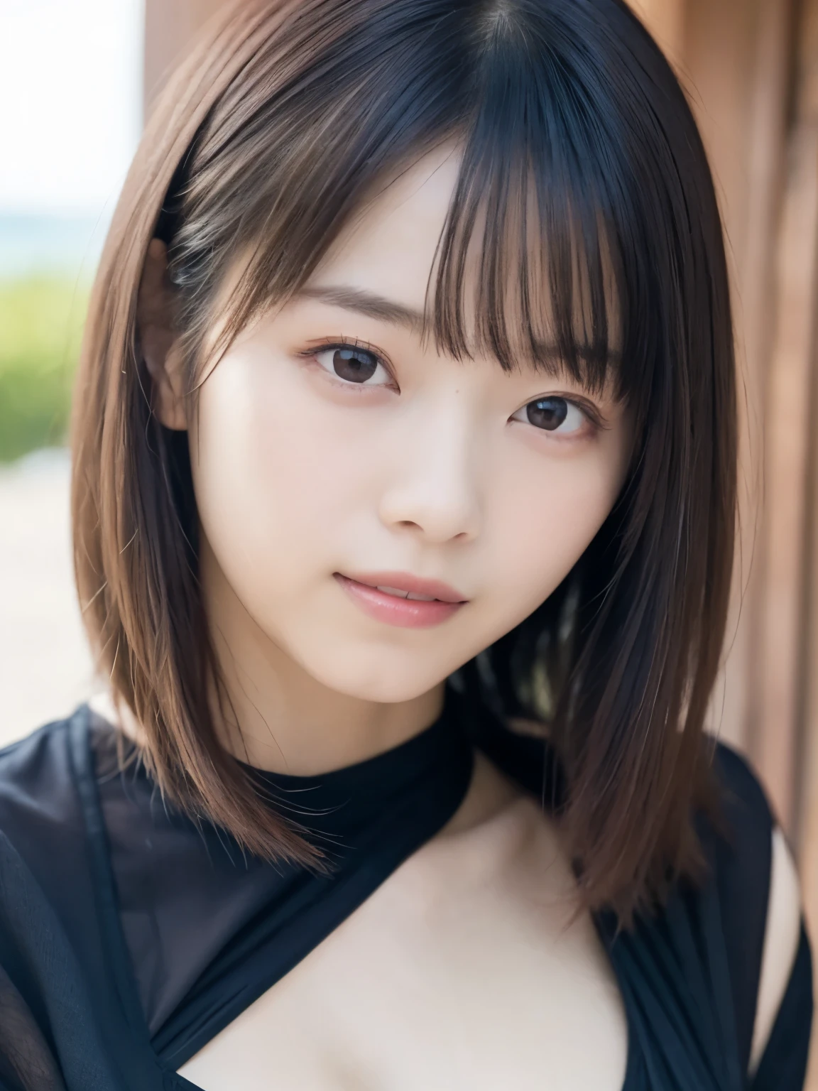  Top Masterpieces 、 best quality ,  super high definition、8k、１ girls with light makeup,、 blurry background, ( asymmetrical bang 、 long straight hair pointing to penis), （Lightweight blouse、 blouse made of soft fabric 、Semi-transparent blouse、Your underwear is visible、 white blouse、 Tight Blouse That Sticks to Breasts 、 sleeveless、 wide open at the chest ）、 big breasts、 cleavage、Round face、Young Face、 natural makeup、 gentle smile 、Summer sky、Summer Sea、Summer beach
