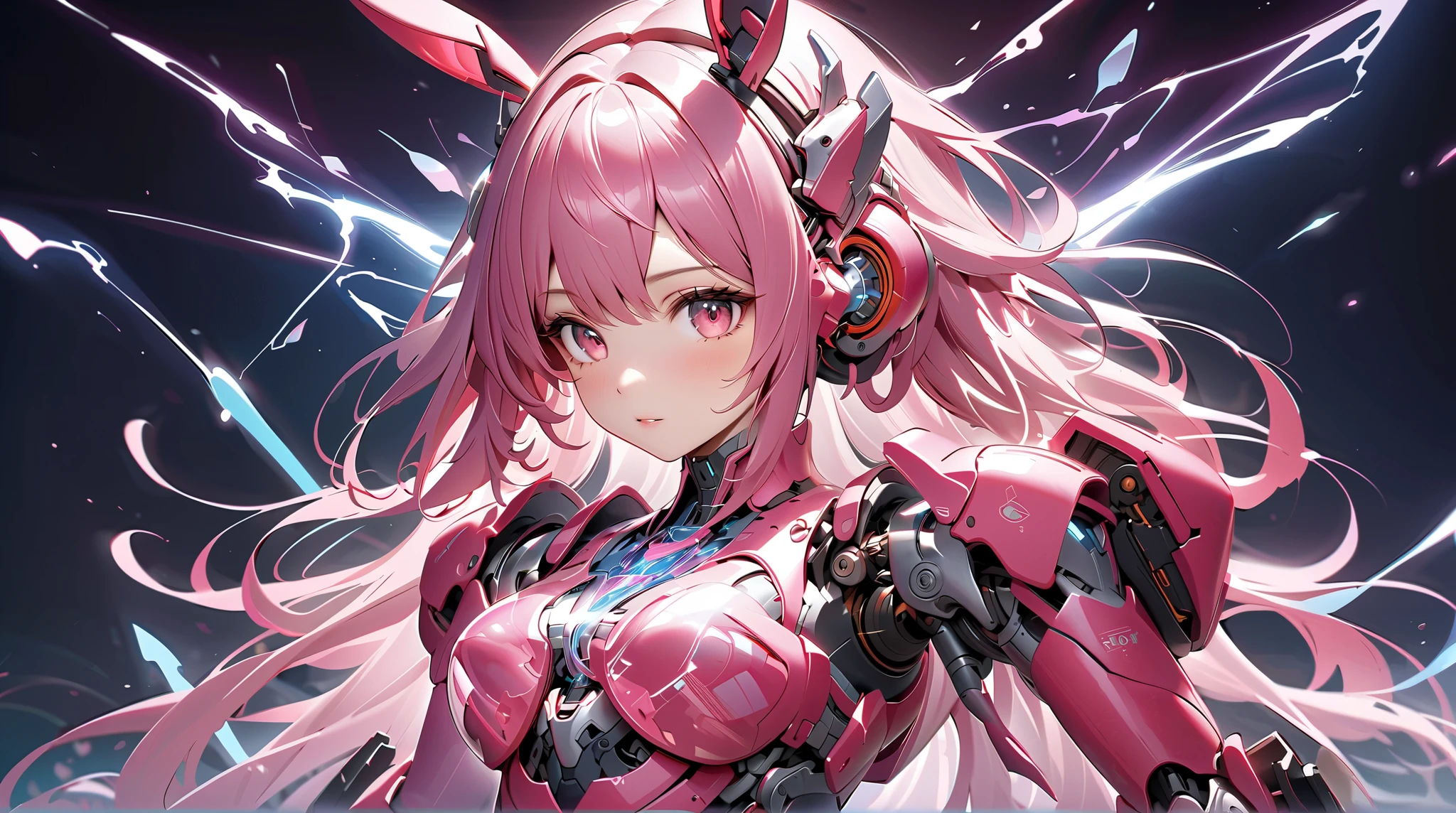 ((1girl:1.3,twin drills hair:1.5,pink hair color)),(glowing mecha wings:1.4), (mecha girl:1.3),mecha suit,gorgeous dress skirt:1.3,Despair,masterpiece, best quality:1.3,ulutra detailed,kawaii,16k,image color pink:0.5, cowboy shot ,dynamic pose ,(from above:1.3),fish-eye lens,simple background