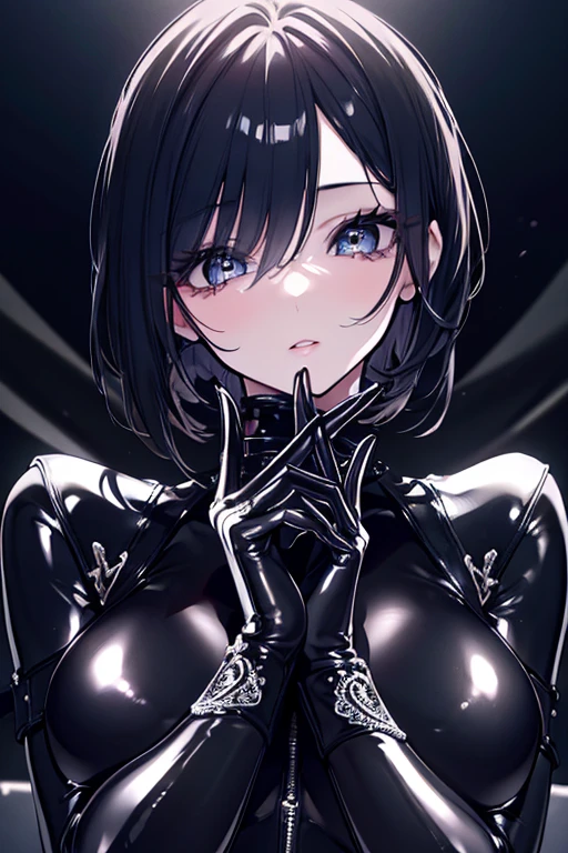 Masterpiece, Beautiful art, professional artist, 8k, art style by sciamano240, Very detailed face, Detailed clothing, detailed fabric, 1 girl, Soul Fullness \(Honkai Impact 3rd\), View from above, lying on the ground, perfectly drawn body, sleeping expression, Closed eyes, pale skin, beautiful face, short dark blue hair, (shiny black tight bodysuit), black gloves, gloves that cover hands, Sensual Lips , evening de invierno, looking at the viewer, Dark road, dark forest, evening, Atmosphere, fog