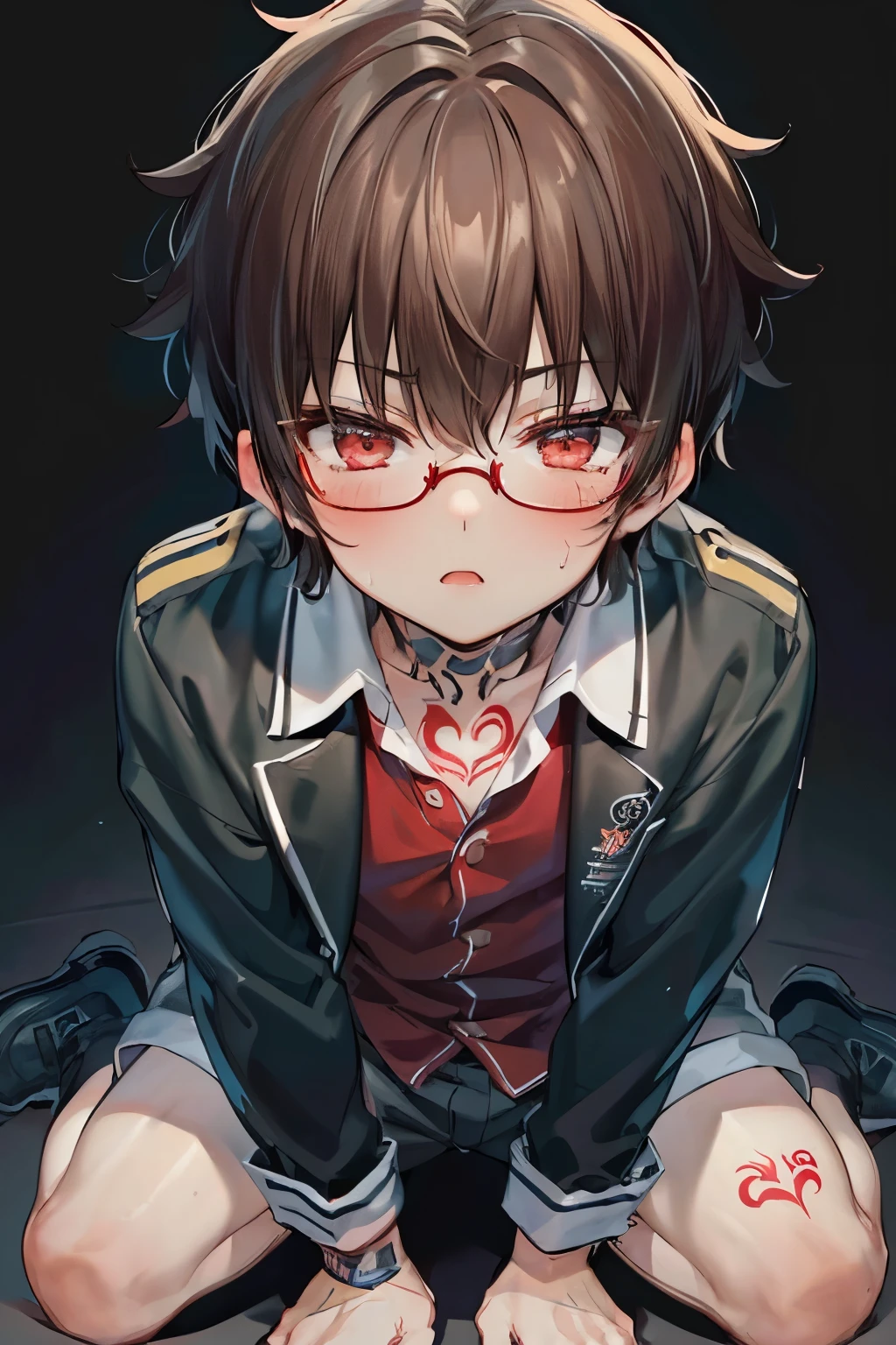 ((1-boy :1.5)),((Adult men with sex appeal:1.0)),full body,((looking up:0.5)),((looking view:0.6)),red-cheek,Short Hair, brown hair,Red color eyes,♥️,long sleeve shorts uniform,((tattoo on thigh:1.0)),(glasses:0.8),night neon background,(close up Face:1.0)