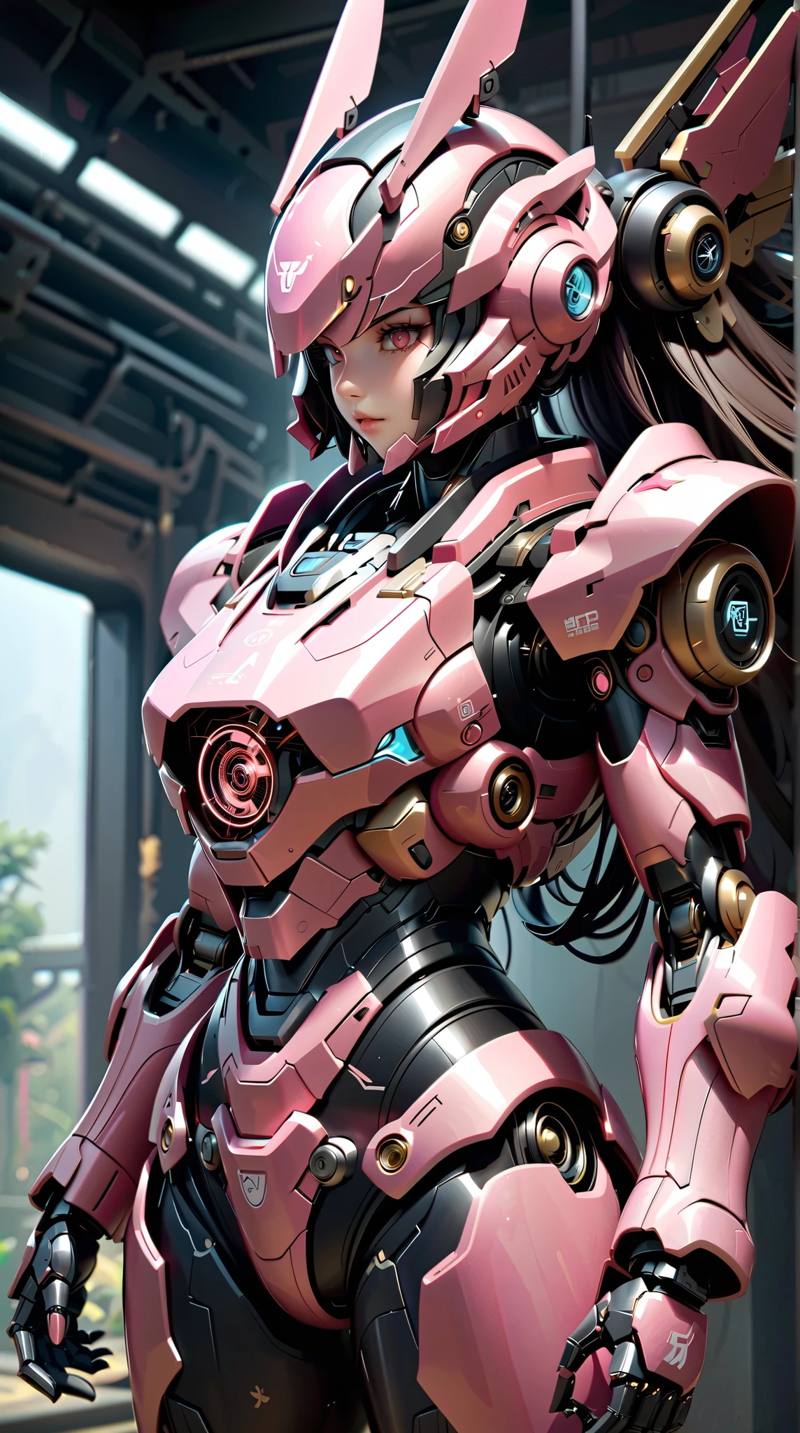 The mech warrior is stout and holding a huge weapon, and the mech beauty is holding a knife, cherry blossom pink
