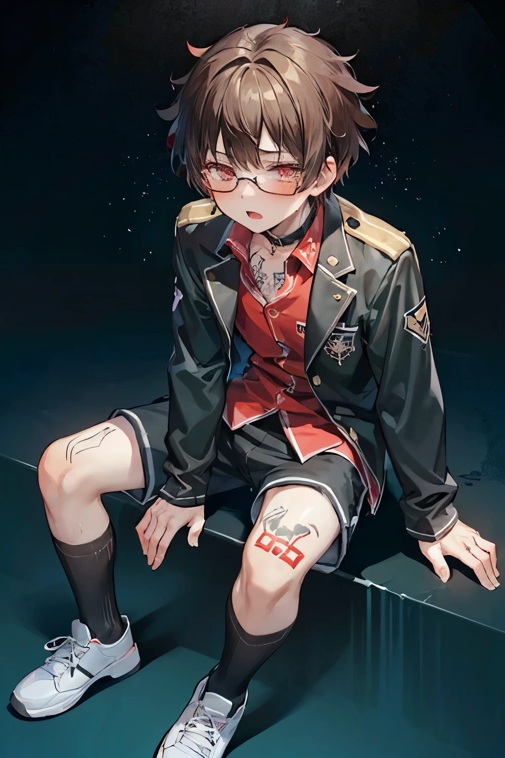 ((1-boy :1.5)),((Adult men with sex appeal:1.0)),full body,((looking up:0.5)),((looking view:0.6)),red-cheek,Short Hair, brown hair,Red color eyes,♥️,long sleeve shorts uniform,((tattoo on thigh:1.0)),(glasses:0.8),night neon background,