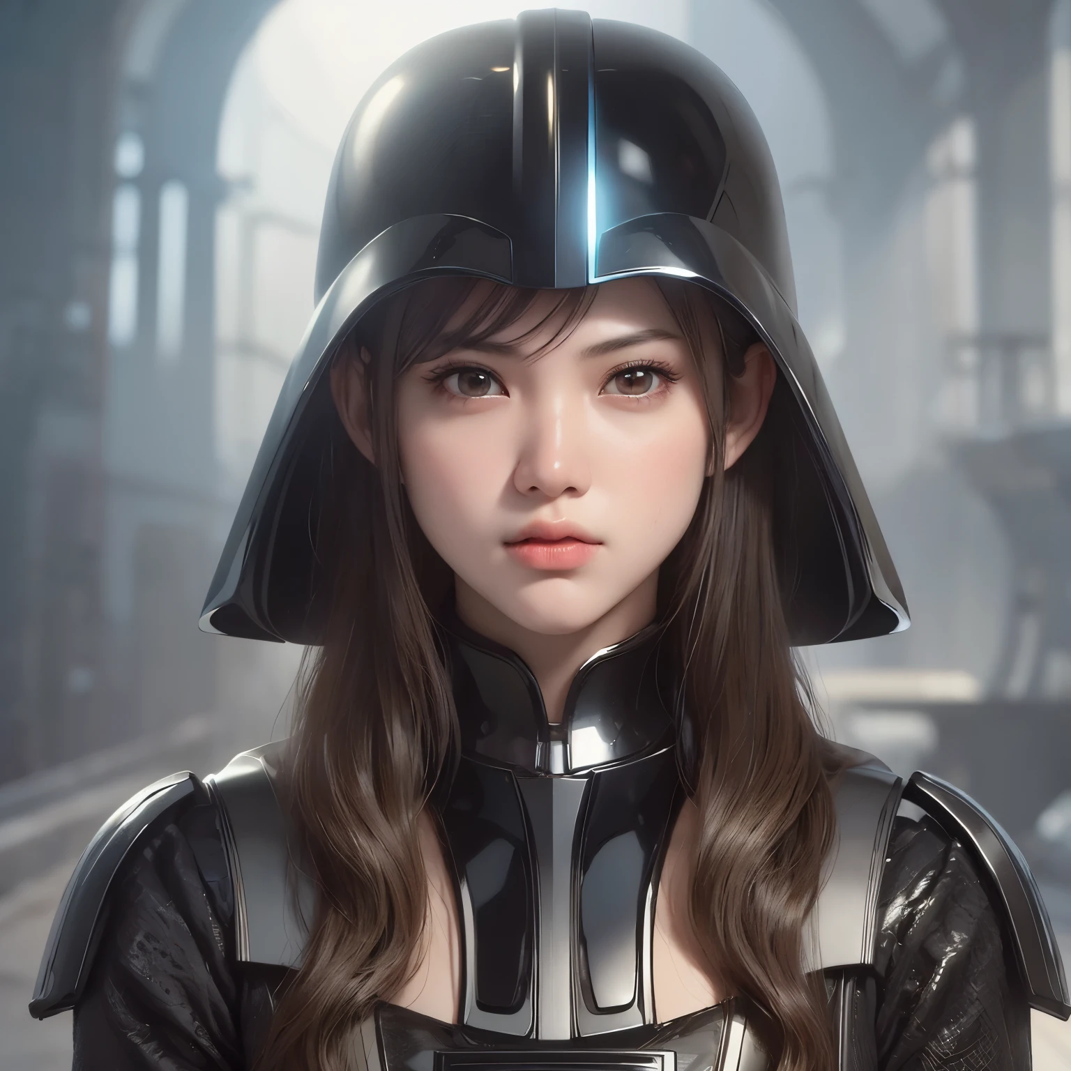 Top Quality, Masterpiece, Ultra High Resolution, (Photorealistic: 1.4), Raw Photo, 1 Girl, Glossy Skin, (((Ultra Realistic Details)), Portrait, Global Illumination, Shadows, Octane Rendering, 8K, Ultra Sharp, Intricate Ornaments Details, realistic skin, sweat effect, very intricate detail, realistic light, CGSoation trend, brown eyes, glowing eyes, half body shot, spaceship bridge background, angry face, black outfit and helmet