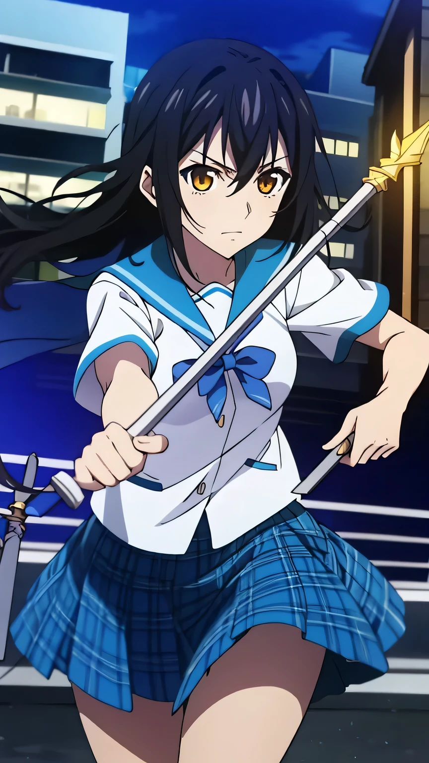 {{{masterpiece}}}, (best quality:1.5), (ultra-detailed:1.5), {illustration}, {{an extremely delicate and beautiful}}, (beautiful detailed eyes:1.6), absurdres, highres, extremely detailed face, 16k, hd, visual anime de uma jovem mulher, extremamente bonito rosto de anime, anime melhor garota, (perfect hands, perfect anatomy), anime face, Himeragi Yukina(Strike The Blood), 1girl, solo, cute face, medium hair, front hair, black hair, hair between eye, (yellow eyes:1.3), (High resolution eyes, Beautiful eyes, Light in the eyes), flushed cheeks, medium breasts, big hips, curvaceous, BREAK, serafuku, {school uniform}, summer uniform, white shirt, short sleeves, blue sailor collar, blue bowtie, mini skirt, pleated skirt, plaid skirt, blue skirt, thighs, BREAK, polearm, (1 weapon:1.5), (holding weapon:1.3), holding, (spear:1.3), legs apart, fighting stance, duel, clash, slashing, flushed cheeks, looking at viewer, outdoor, city, building, sky, night, night view, cityscape, cowboy shot, (fight scene:1.5)