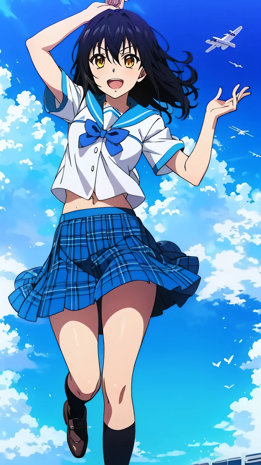 {{{masterpiece}}}, (best quality:1.5), (ultra-detailed:1.5), {illustration}, {{an extremely delicate and beautiful}}, (beautiful detailed eyes:1.6), absurdres, highres, extremely detailed face, 16k, hd, visual anime de uma jovem mulher, extremamente bonito rosto de anime, anime melhor garota, (perfect hands, perfect anatomy), anime face, Himeragi Yukina(Strike The Blood), 1girl, solo, cute face, medium hair, front hair, black hair, hair between eye, (yellow eyes:1.3), (High resolution eyes, Beautiful eyes, Light in the eyes), flushed cheeks, medium breasts, big hips, curvaceous, BREAK, serafuku, {school uniform}, summer uniform, white shirt, short sleeves, blue sailor collar, blue bowtie, mini skirt, pleated skirt, plaid skirt, blue skirt, thighs, BREAK, 1girl, solo, smile, open mouth, flushed cheeks, (sky above:1.5), (fly in the sky:1.5), Above the City, floating, above the clouds, looking at viewer, outdoor, during the day, city , sky, solar, (Aerial View:1.3), telekinesis, arm up, motion blur, above clouds, Scenery, from side
