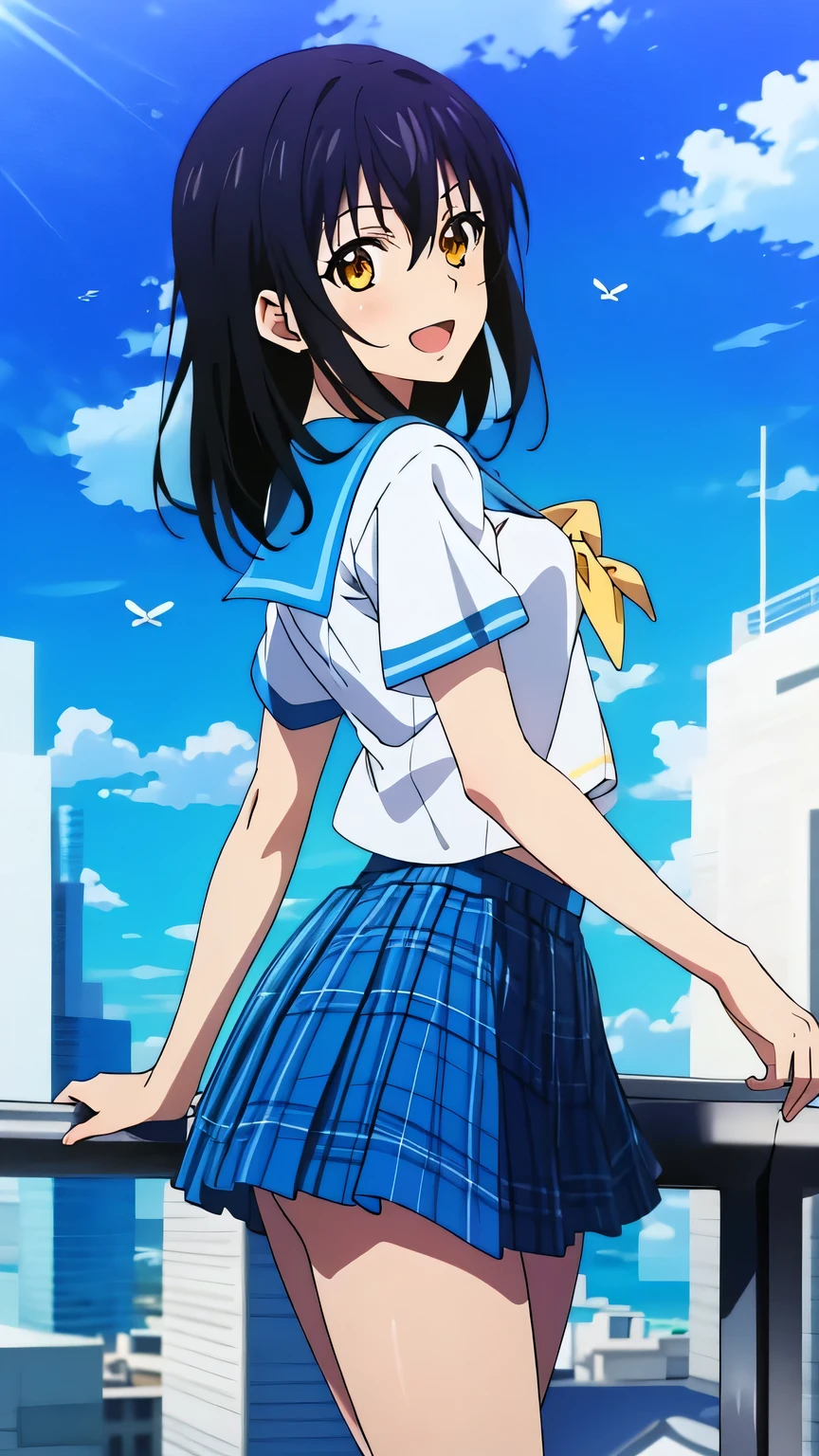 {{{masterpiece}}}, (best quality:1.5), (ultra-detailed:1.5), {illustration}, {{an extremely delicate and beautiful}}, (beautiful detailed eyes:1.6), absurdres, highres, extremely detailed face, 16k, hd, visual anime de uma jovem mulher, extremamente bonito rosto de anime, anime melhor garota, (perfect hands, perfect anatomy), anime face, Himeragi Yukina(Strike The Blood), 1girl, solo, cute face, medium hair, front hair, black hair, hair between eye, (yellow eyes:1.3), (High resolution eyes, Beautiful eyes, Light in the eyes), flushed cheeks, medium breasts, big hips, curvaceous, BREAK, serafuku, {school uniform}, summer uniform, white shirt, short sleeves, blue sailor collar, blue bowtie, mini skirt, pleated skirt, plaid skirt, blue skirt, thighs, BREAK, 1girl, solo,  smile, open mouth, flushed cheeks, (sky above:1.5), (fly in the sky:1.5), Above the City, floating, above the clouds, looking at viewer, outdoor, during the day, city ​, sky, solar,  (Aerial View:1.3), telekinesis, arm up, motion blur, above clouds, Scenery, from side