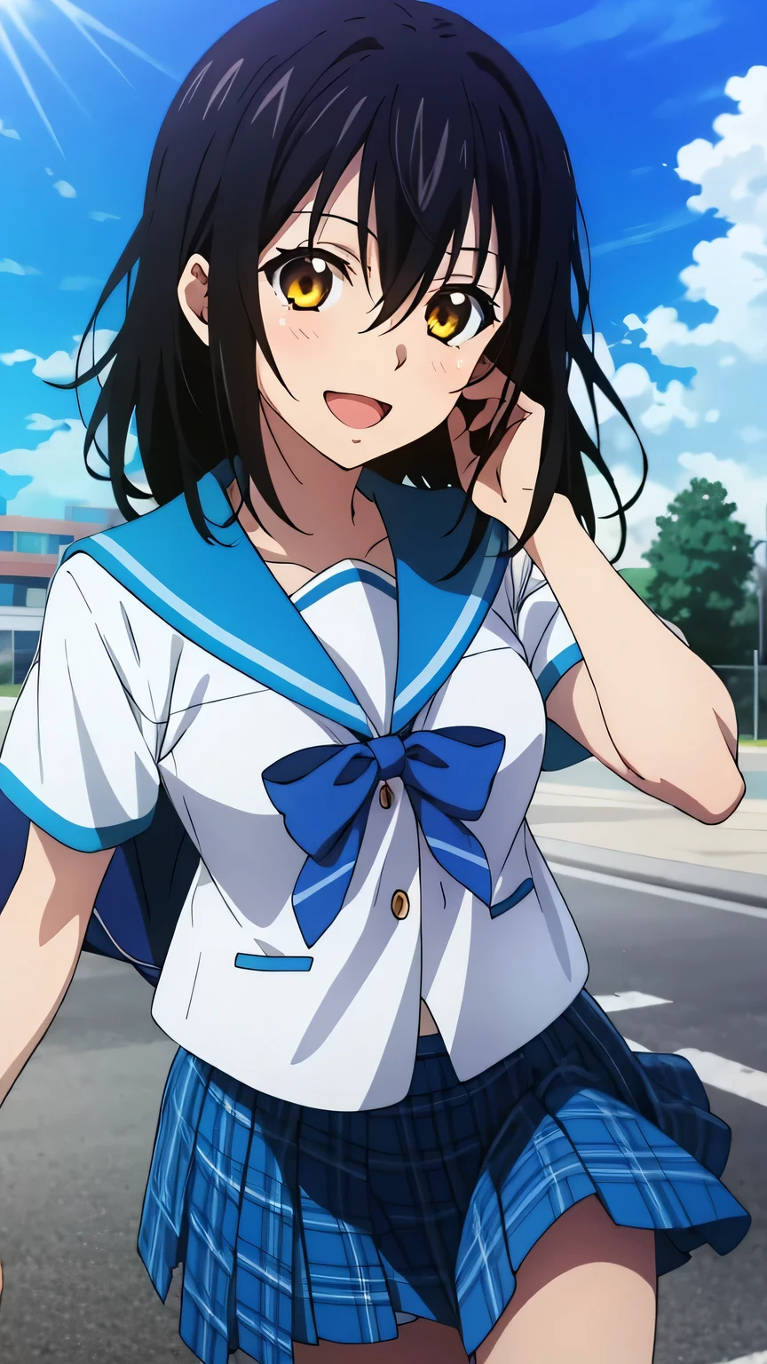 {{{masterpiece}}}, (best quality:1.5), (ultra-detailed:1.5), {illustration}, {{an extremely delicate and beautiful}}, (beautiful detailed eyes:1.6), absurdres, highres, extremely detailed face, 16k, hd, visual anime de uma jovem mulher, extremamente bonito rosto de anime, anime melhor garota, (perfect hands, perfect anatomy), anime face, Himeragi Yukina(Strike The Blood), 1girl, solo, cute face, medium hair, front hair, black hair, hair between eye, (yellow eyes:1.3), (High resolution eyes, Beautiful eyes, Light in the eyes), flushed cheeks, medium breasts, BREAK, serafuku, {school uniform}, summer uniform, white shirt, short sleeves, blue sailor collar, blue bowtie, mini skirt, pleated skirt, plaid skirt, blue skirt, BREAK, 1girl, solo, smile, open mouth, beautiful anime girl, beautiful art style, close up of breasts, Looking at Viewer, perfect body, outdoor, sky, daytime, public park, sun, (bust shot:1.3)