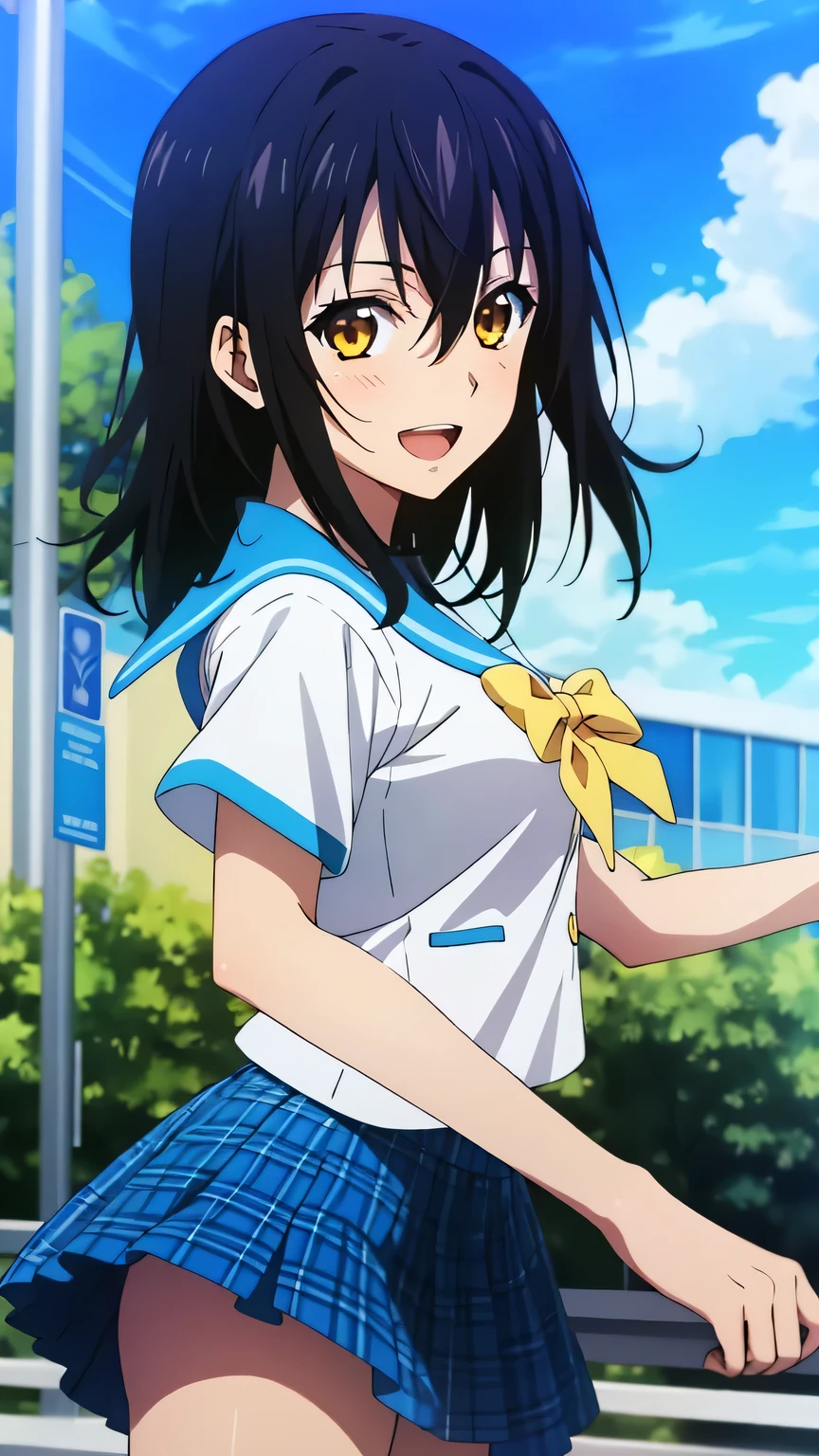 {{{masterpiece}}}, (best quality:1.5), (ultra-detailed:1.5), {illustration}, {{an extremely delicate and beautiful}}, (beautiful detailed eyes:1.6), absurdres, highres, extremely detailed face, 16k, hd, visual anime de uma jovem mulher, extremamente bonito rosto de anime, anime melhor garota, (perfect hands, perfect anatomy), anime face, Himeragi Yukina(Strike The Blood), 1girl, solo, cute face, medium hair, front hair, black hair, hair between eye, (yellow eyes:1.3), (High resolution eyes, Beautiful eyes, Light in the eyes), flushed cheeks, medium breasts, BREAK, serafuku, {school uniform}, summer uniform, white shirt, short sleeves, blue sailor collar, blue bowtie, mini skirt, pleated skirt, plaid skirt, blue skirt, BREAK, 1girl, solo, smile, open mouth, beautiful anime girl, beautiful art style, close up of breasts, Looking at Viewer, perfect body, outdoor, sky, daytime, public park, sun, (bust shot:1.3), from side