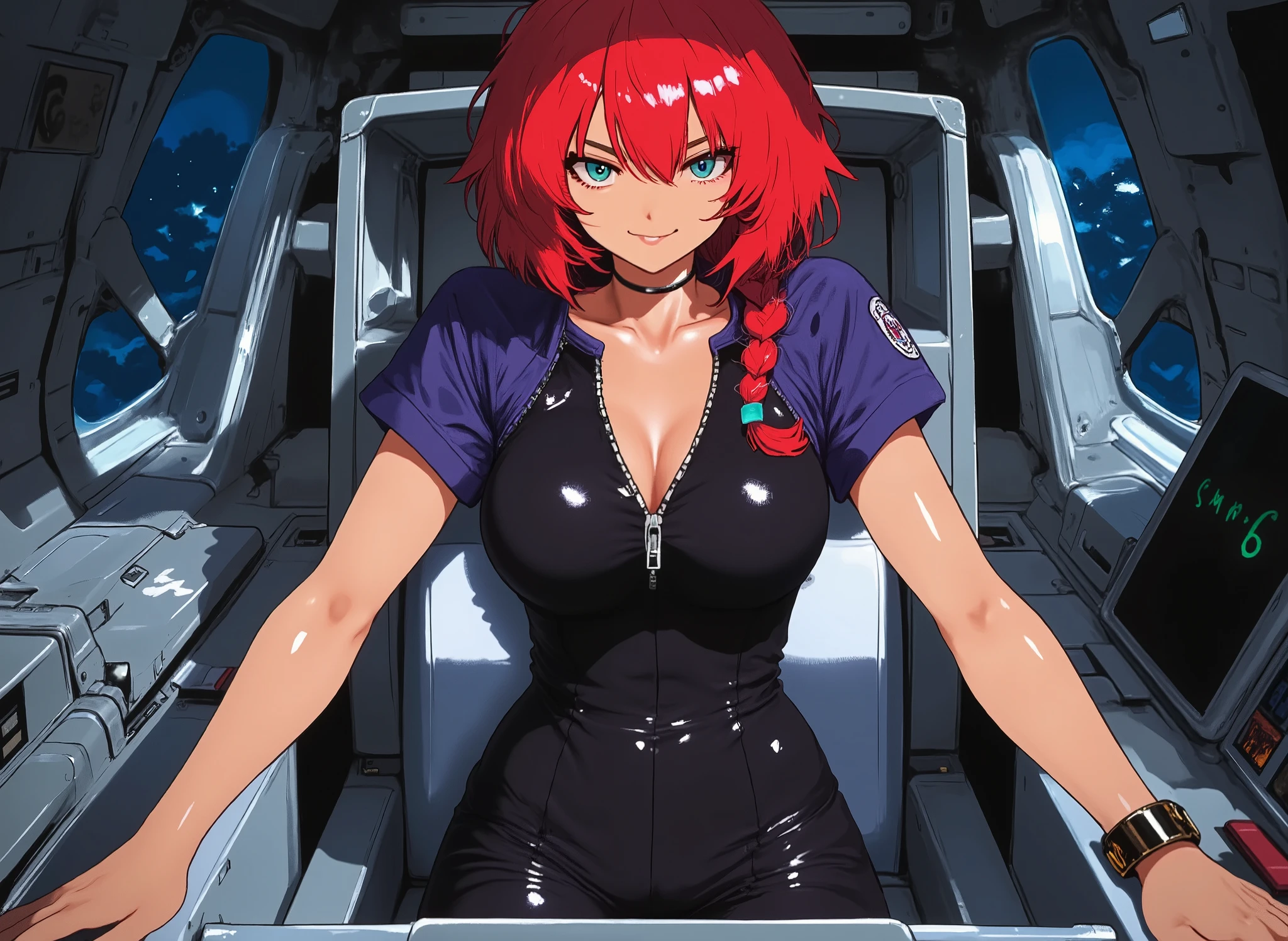 Mobile Suit Gundam The Witch of Mercury, These are very short, red curly bangs that are red and rise above the eyebrows, This is braided side hair, sleeveless black glossy bodysuit, A jacket with short sleeves and an open zipper, full body picture , Gundam Pilot, turquoise eyes , 20 year old girl, small head, small boobs, small eyes, naive and smiling, cockpit, The angle being drawn is viewed obliquely from top to bottom, cockpit에 앉아 몸을 앞으로 기울이고, cockpit에 앉아 몸을 무릎보다 앞으로 기울이고, Look at the enemy outside the picture, Extend your arms in front of the outside of the picture, Extend your arms, , Hold the cockpit.