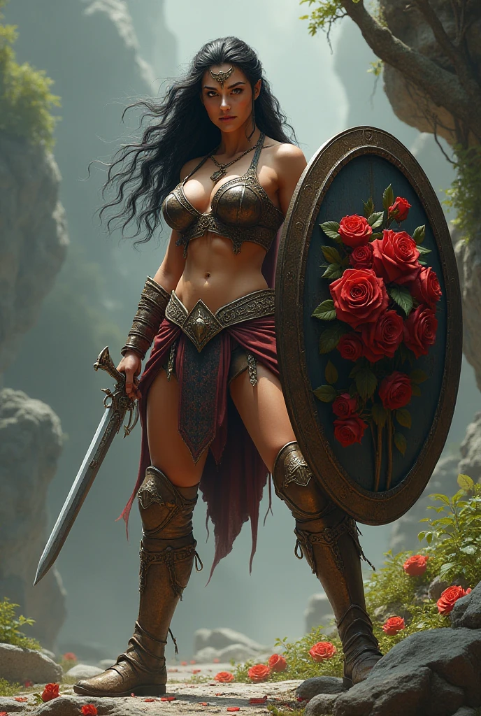 An Amazon posing with confidence and courage.   Body: the face is a fusion of Megan Fox and Brooke Shields. She has a very long black straight hair. The breasts are big and voluptuous and hips are very strong and toned. The waist is tiny. Her body is voluptuous and delicate.   Clothes: Amazon armoured suit. The armor is bright silver with red and green Flowers details. She has a long sword and a shield with Aphrodite relief symbol.   Image style and definition: ultra realistic photo, feminine figure, portraits, Reductionist form, mujercore, bold lines, an Inferior Physical Goddess