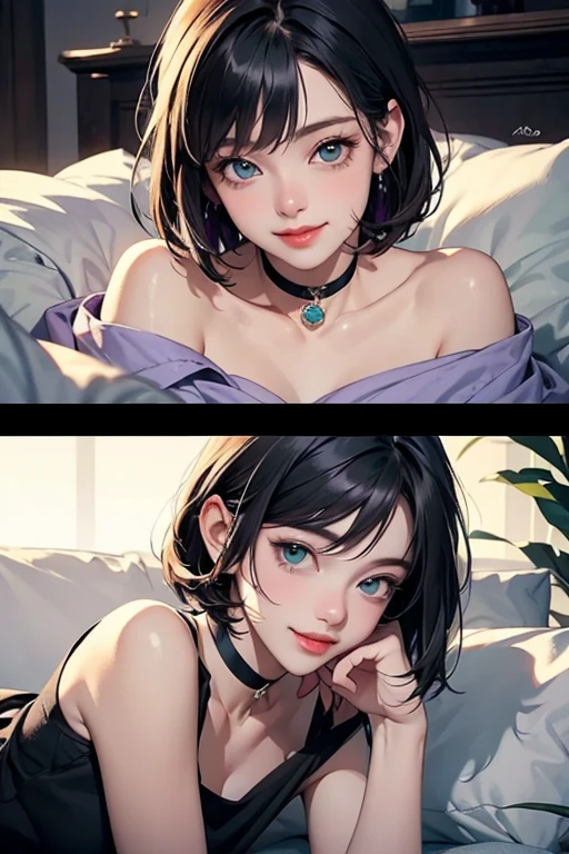Best Quality,High resolution,8k,finelity detailed background,Masterpiece:1.2),beautiful girl,Shiny purple hair,bob cut,Purple Eyes,Gentle look,A refreshing look,Smiling Kindly,Best quality,Best Quality,Aesthetic and aesthetic:1.2,Best details((Super detailed))(High-definition CG illustrations),Upper Body,Blue underwear, (blue intricate lace),Slender body,night,moon,Bedroom,On the bed,smile,blush,cute,Scrounge,Looking up,Being spoiled,super model,wariza,shoot from,below