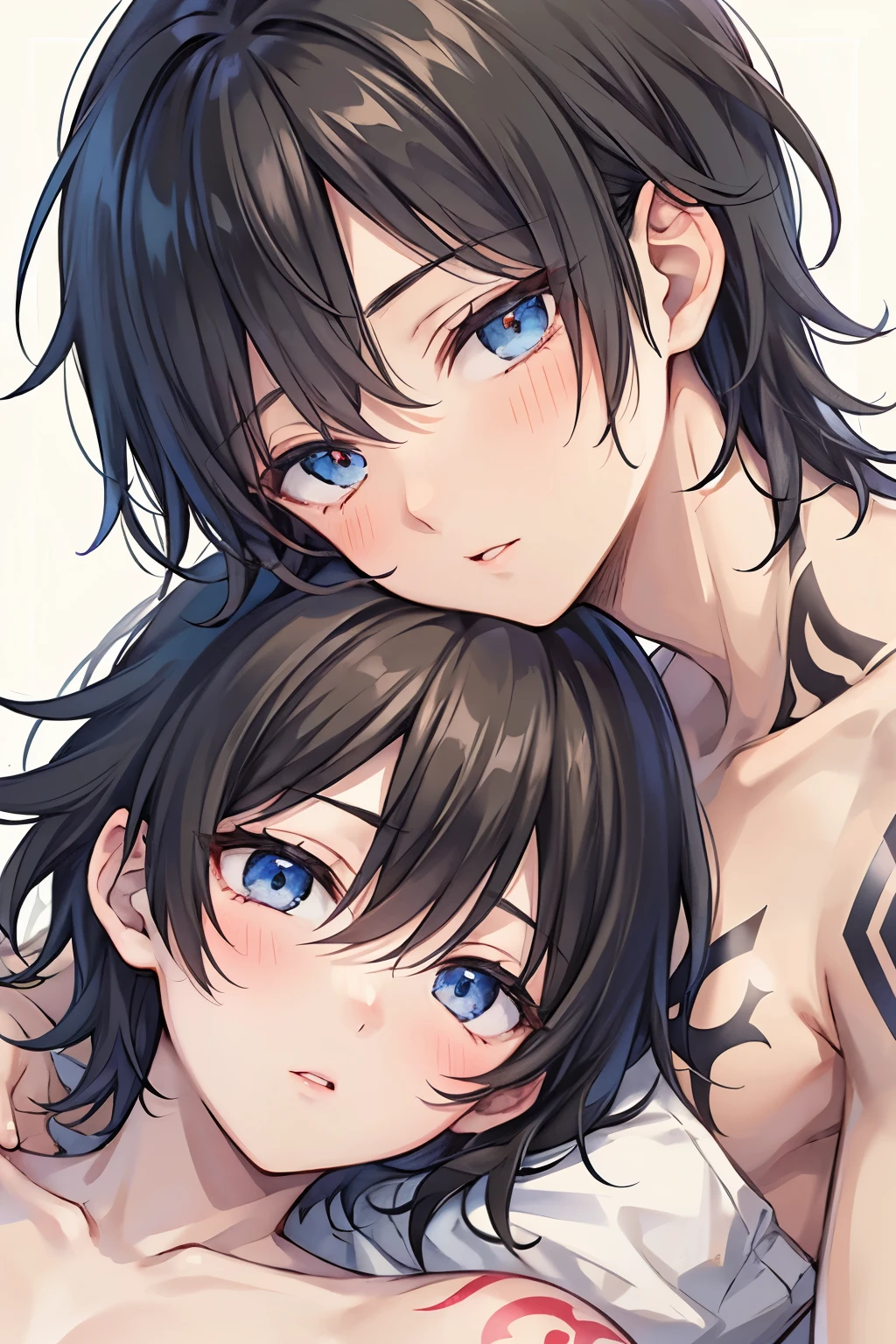  tea hair,  black hair,  for men,  medium hair with visible tattoos ,blue eyes ,Red Eyes,Beautiful Boy, skinny,lips,2 boys, , Yaoi, Checkered background, happy expression ,おはよう☀️, sleeping hair,((naked black:1.0)),(close up face)