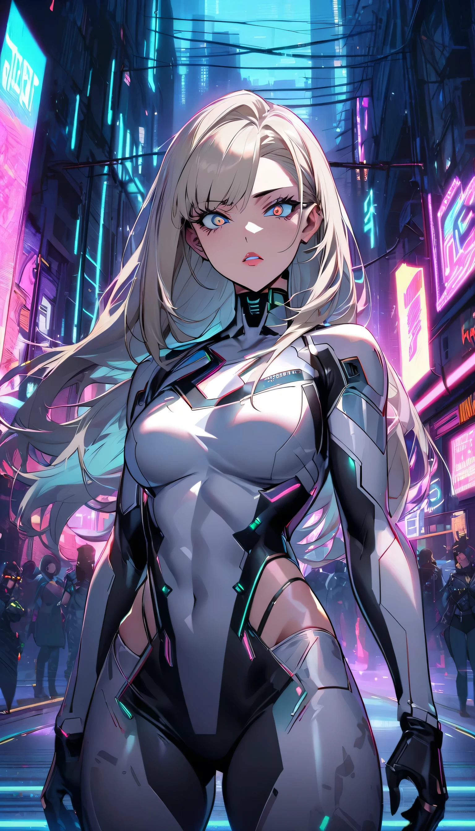 masterpiece, best quality, highres, 1girl, solo, long hair, blonde hair, hair ribbon, bangs, blue eyes, <lora:nanase_tsubasa_v1:0.7>, cyberpunk, bodysuit, gloves, night, city, standing, rain, wet,