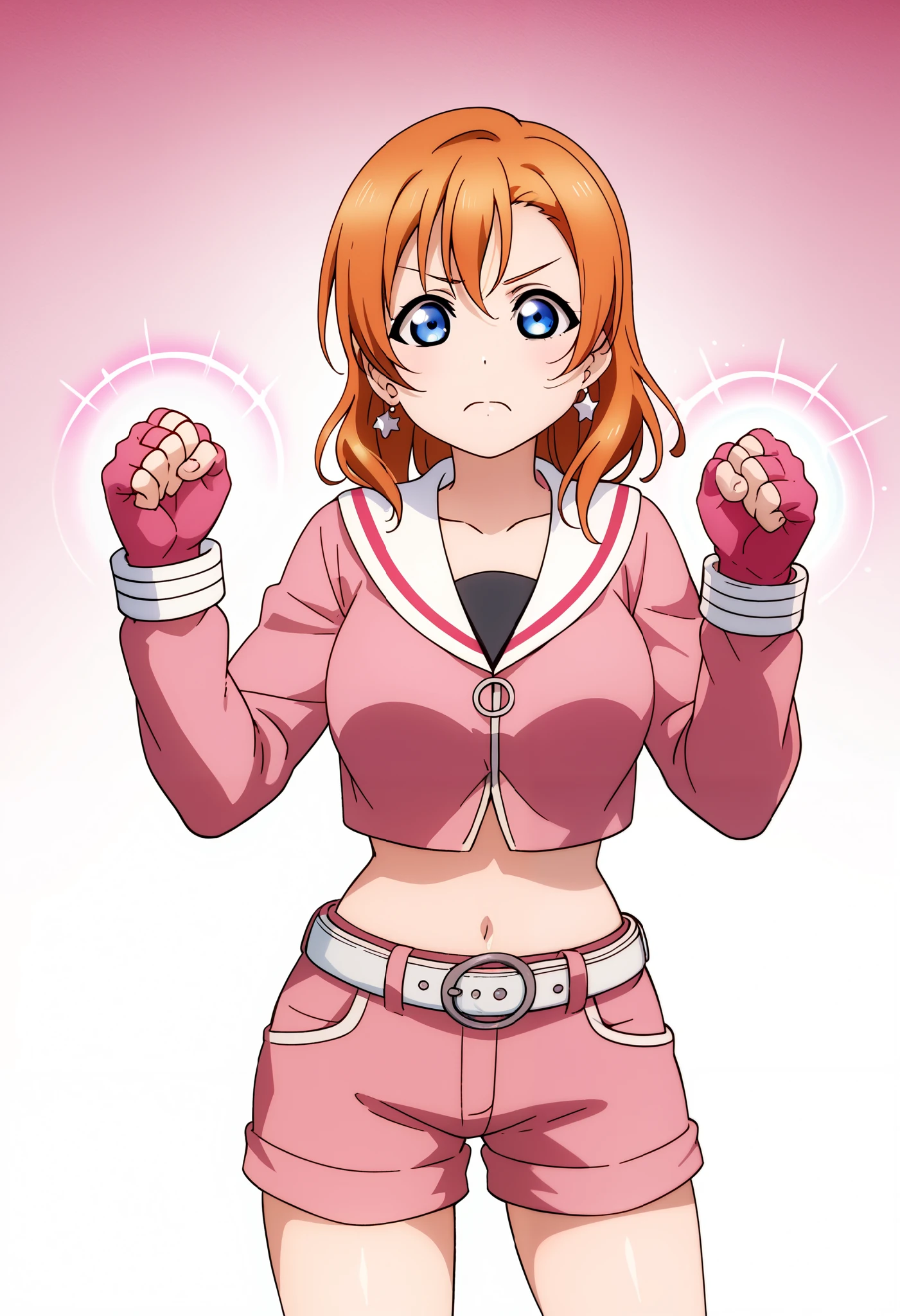 Shiny skin, official artwork, love live,kousaka honoka , love live, blue eyes, orange hair,earrings , standing, pink serafuku, long sleeves, black inner shirt, midriff, shorts, fingerless gloves,pink clothes, gradient decorative background, detailed shading,solo,1girl, belt, medium hair,big breasts, magic balls, clenched hands
