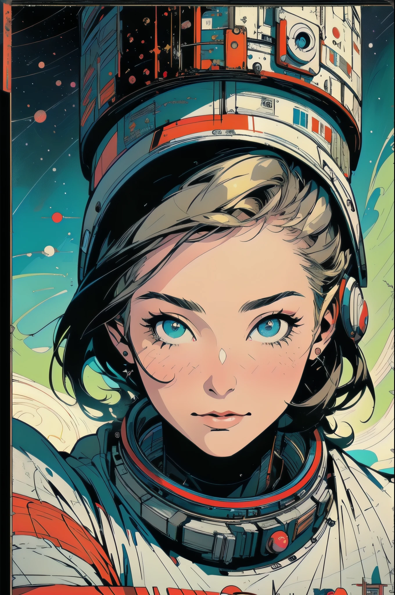 In the cartoon style, a young pilot is navigating her spaceship through an asteroid field. Her eyes are full of determination and courage. Perspective: Close-up. Composition: Central. Environment: Space filled with swirling asteroids <lora:PenciLora:0.7> (artgirtstyle), (artgirtstyle2), (artgirtstyle3)