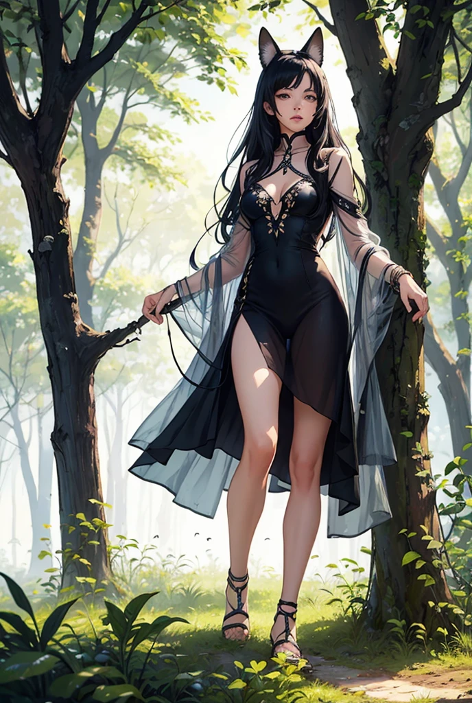 a wide shot of an ethereal black skinned girl with a long dress, looking toward the viewer, she is in a pond and a many butterflies are flying around her, fantasy style, beautiful illustration, with a blue, black and white louminous sparkly background