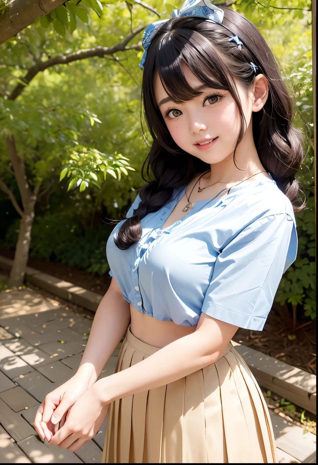 ( best quality ,Masterpiece:1.3, super high definition),( very detailed、 caustics) ( is present:1.4, RAW shooting、)Ultra- is present Capture、 very detailed、  to enhance the natural skin texture of 、Masterpiece、( Japanese  wearing blouse and pleated skirt:1.3)、 adorable expression、Expressions of joy、、: 、baby face、 innocent gingly cute、 rstyle、 curly hair 、ribbon、  black hair、 big breasts、Shining thighs、Shining Ass、 necklace、In the shade of a tree by the lake、Background details、smile、 invite a gaze、( anatomically accurate)、 box、 Attention to Details、Lift your breasts from below with both hands 、