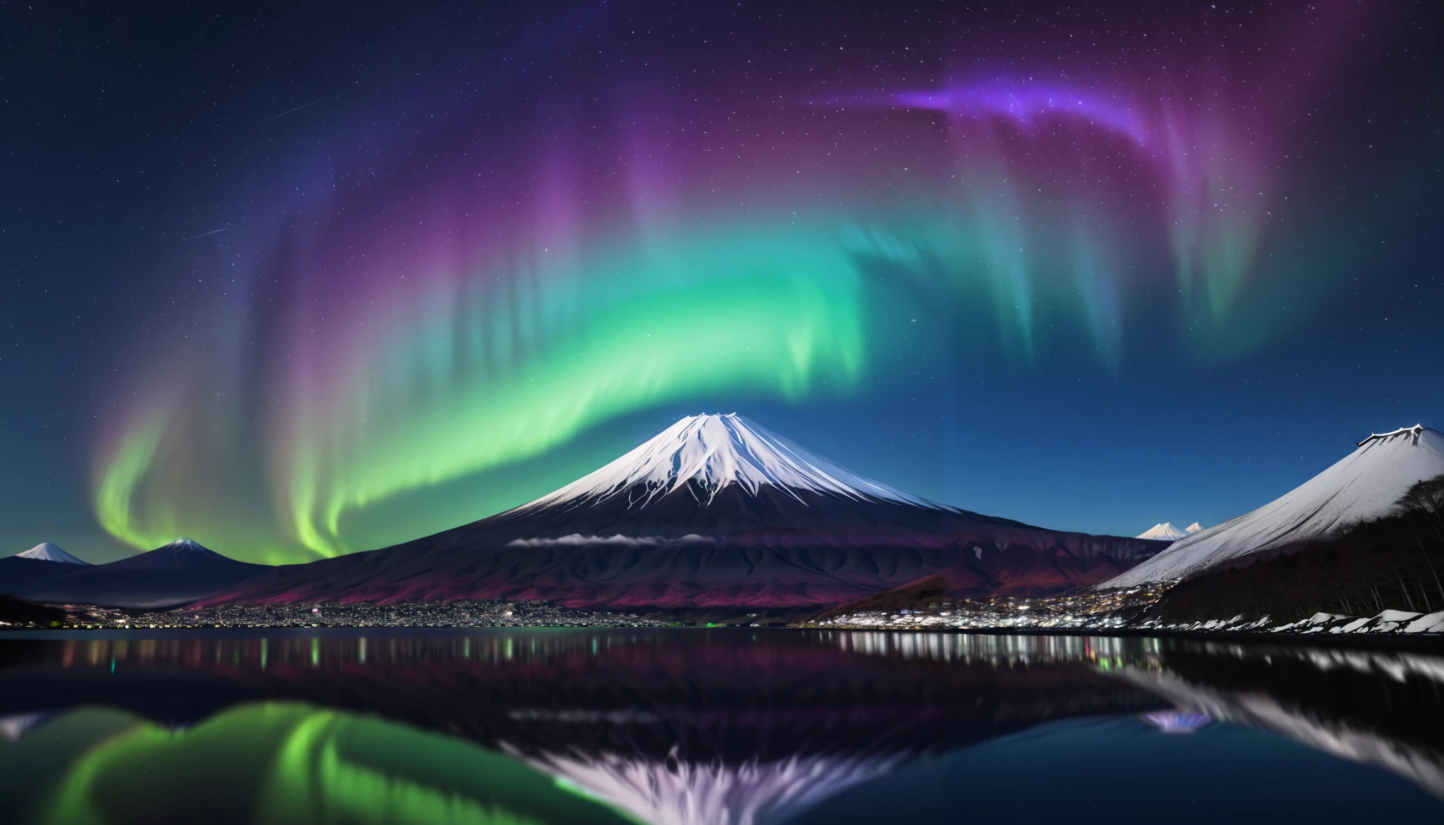  in ultra high quality, high definition , High Quality ,Spectacular views,(とてもThe giant Mt. Fuji up),A huge and realistic aurora dance that dazzles the night sky and covers the entire sky, sky full of stars,(The giant Mt. Fuji up),(Aurora shining brightly green),An unbelievable number of stars々The brilliance,(A majestic, bright Milky Way star on a vast glacier々and the auroras shine are reflected )、(( the huge Mt. Fuji that rises in the center )),((The huge and majestic Mt. Fuji))、The glacier extends to the horizon 、 Jagged ice layers and snow-covered mountain peaks 、 reflects the colorful light above 。 BREAK The stars twinkle in the dark and clear sky 、 The surrounding landscape is wrapped in the surreal glow of the Milky Way 、 creates a mysterious atmosphere 。 BREAK The cool and clear air adds color to the landscape 、 snow shines in the milky way and the gentle light of auroras、 This frozen wilderness is so calm that it seems unearthly。An unbelievable amount of stars々,I can see lots of meteor showers ,