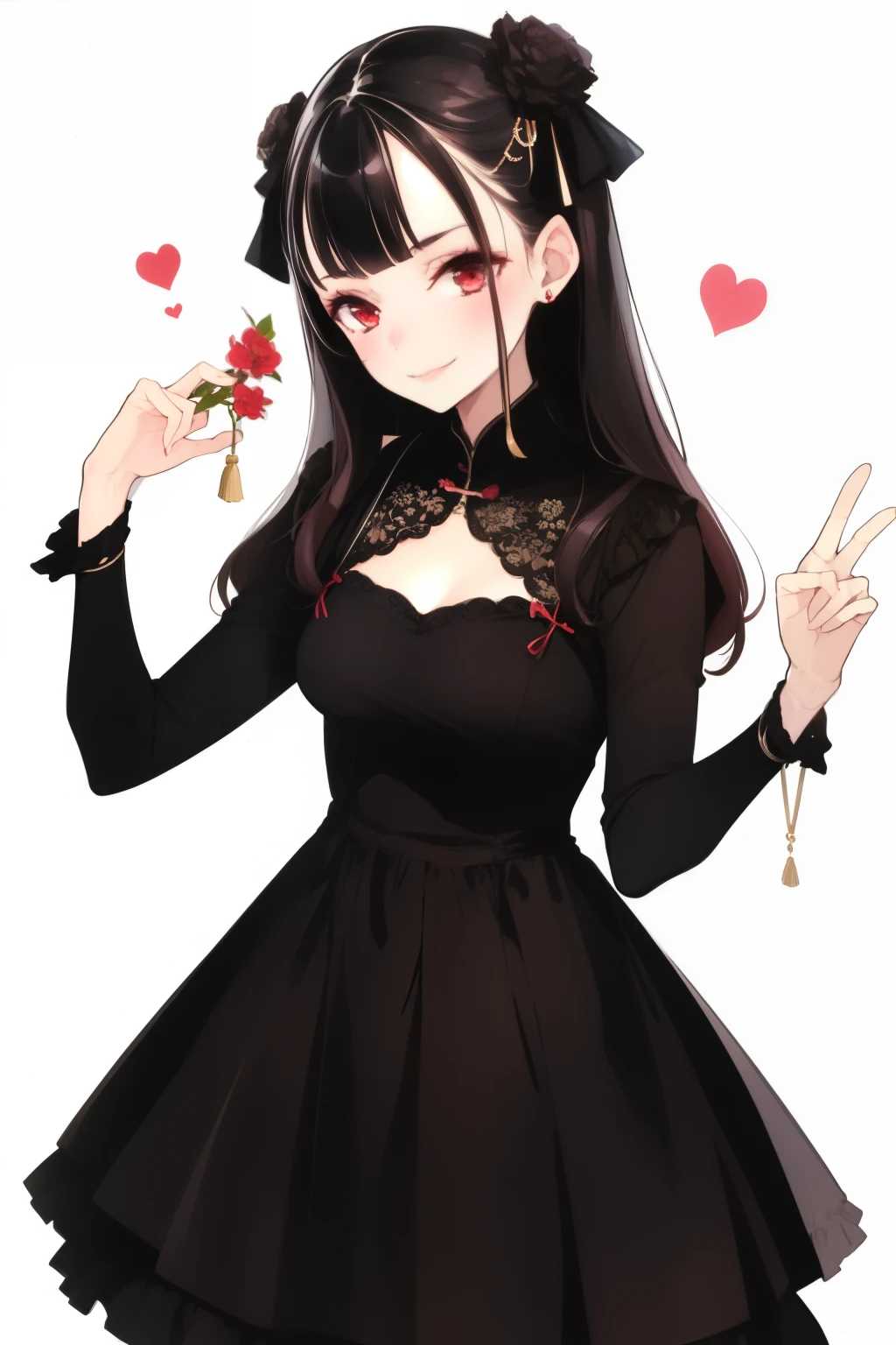  1girl , Smile,  solo , white_background, simple_background, dress, look_[to_Viewer , red_ eyes,  black_hair, Bangs, hair_ Ornaments , , closure_Mouth, Eyebrow_visible_ through _hair, jewelry,  long _sleeve, hair_ribbon, sides up,  Double heads ,( Chinese Costume :0.7), jewelry,  Floral Pattern , (黑white:0.7),  High Resolution , long hair,, scratch your hair ,  masterpiece,  best quality,  Highly detailed , 