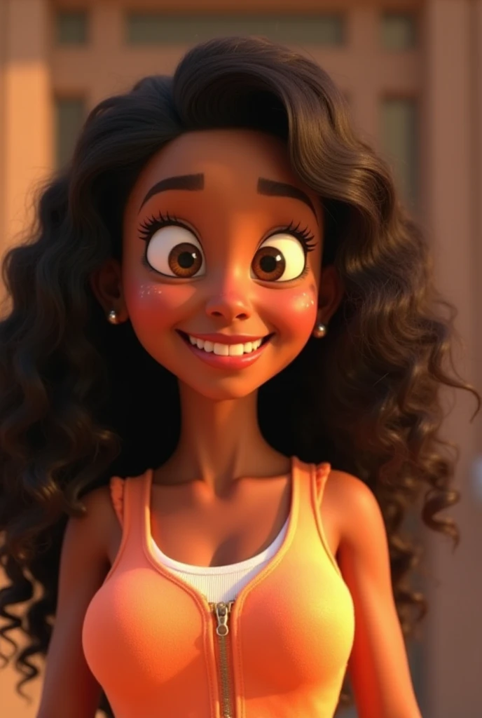 Create a Disney Pixar style character, a 19 year old girl, Bullish, black, wavy hair half curly, long black , eyes black, slightly plump lips, slim, Nose not so big