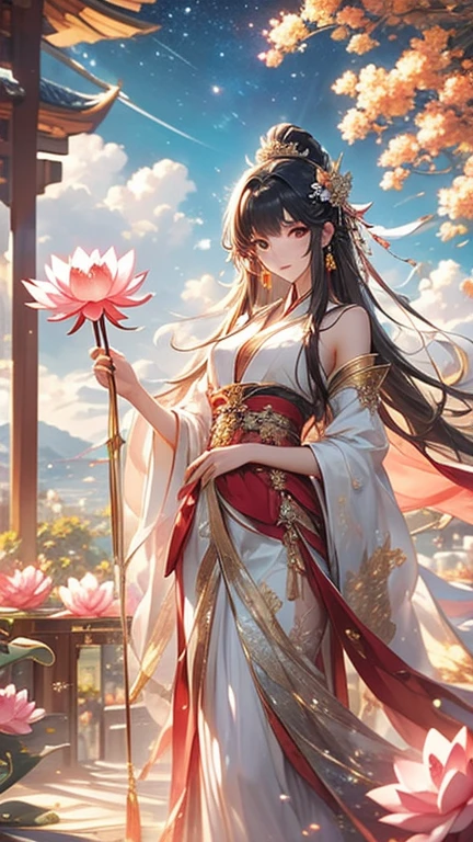 masterpiece, best quality, 1girl, (fractal art), Ukiyoe art style, anime art style,  CeresFauna, mole under eye, antlers, long hair, braided bangs, hair flowers, kimono, perfect hands, 