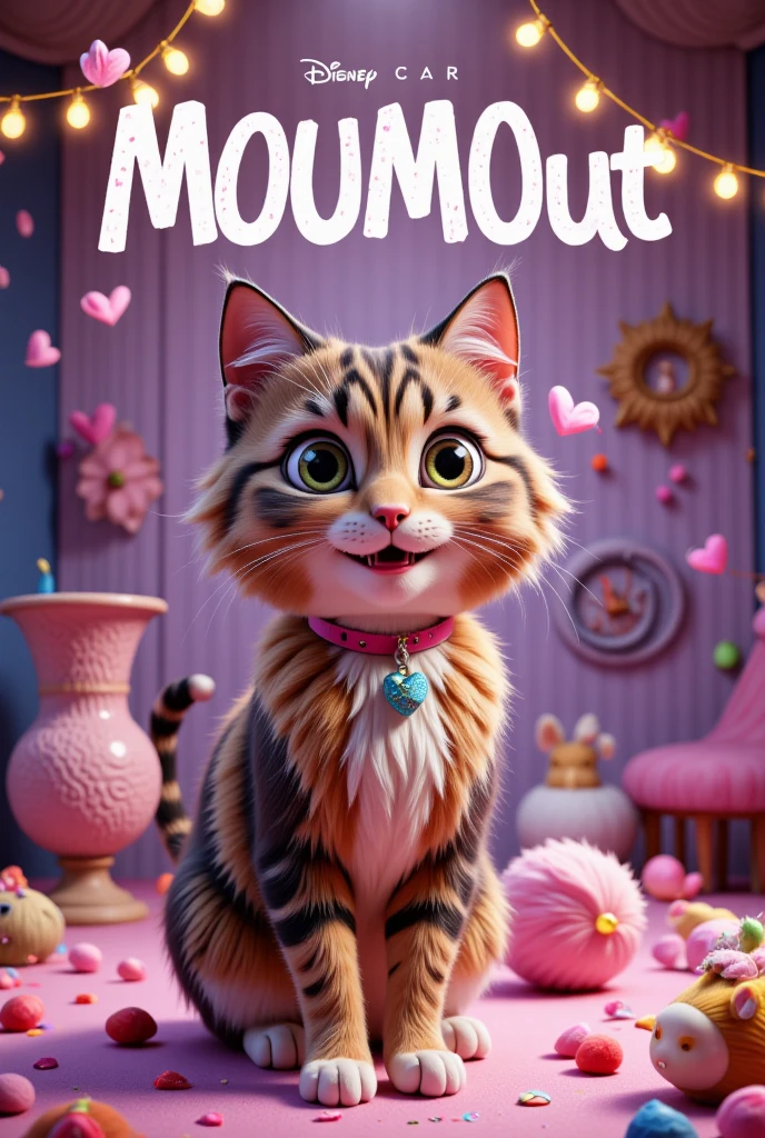 une affiche de film pixar avec ecrit "Moumout" pour le titre, on y voit un chat femelle de la race européenne x Maine coon avec une couleur tricolore avec les yeux légèrement vert, portant un collier coeur.