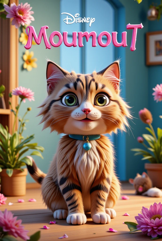 une affiche de film pixar avec ecrit "Moumout" pour le titre, on y voit un chat femelle de la race européenne x Maine coon avec une couleur tricolore avec les yeux légèrement vert, portant un collier coeur.