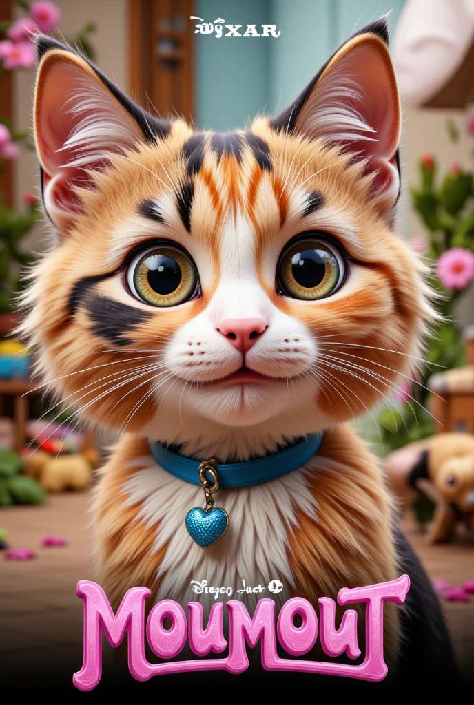 une affiche de film pixar avec ecrit "Moumout" pour le titre, on y voit un chat femelle de la race européenne x Maine coon avec une couleur tricolore avec les yeux légèrement vert, portant un collier coeur.
