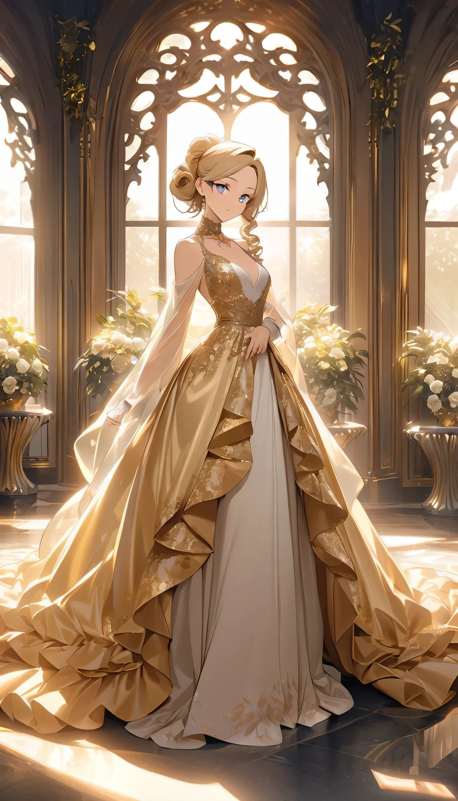 1 female　Yellow hair to the shoulders　Yellow thick eyebrows　Orange eyes　Socialite debut　Long dress　Inside the castle 　hair ornaments　Earrings and matching necklace